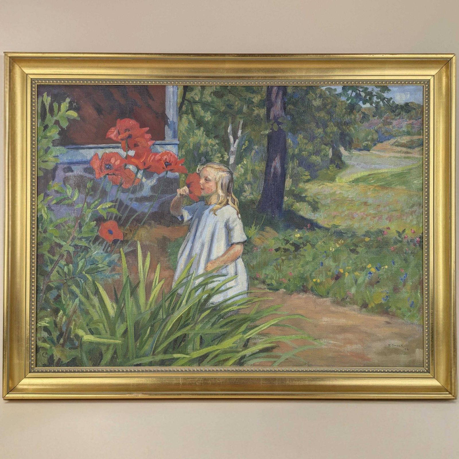 photo vintage Einar Bager Oil Painting, Swedish Art 1923, Framed Antique Garden Scene, Red Poppies Canvas, Early 20th Century Signed Artwork