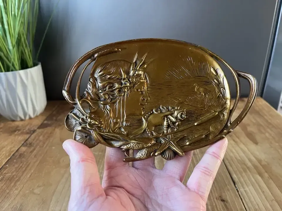 Antique French Art Nouveau Sea Nymph Shells Gilt Bronze Trinket Dish Card Tray photo vintage
