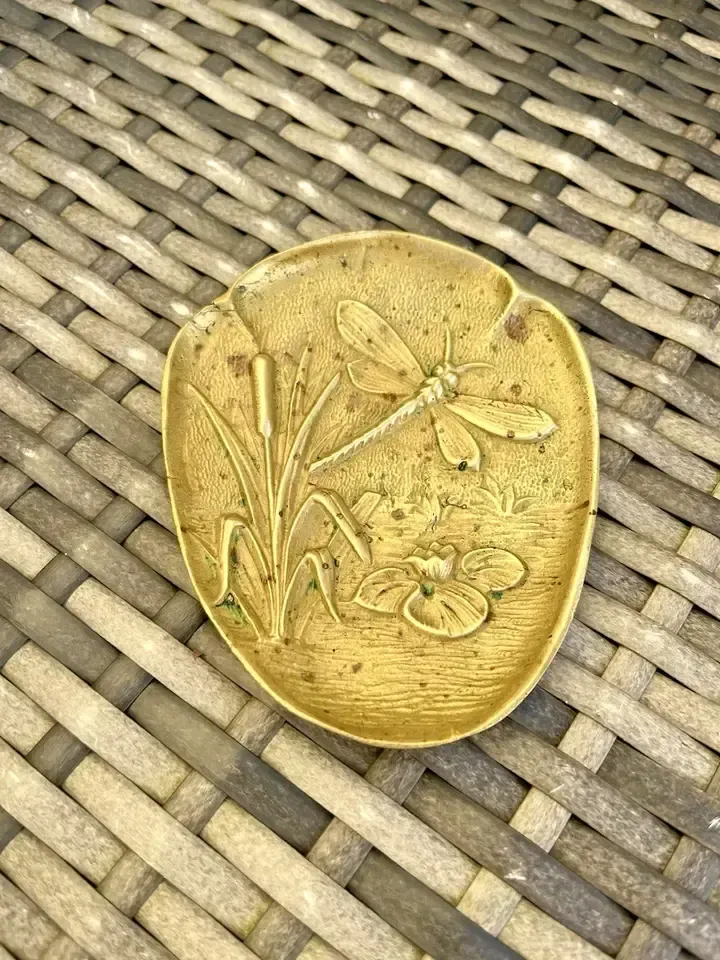 Antique French Art Nouveau Brass Bronze Trinket Dish Dragonfly Lilypad Cattails photo furniture