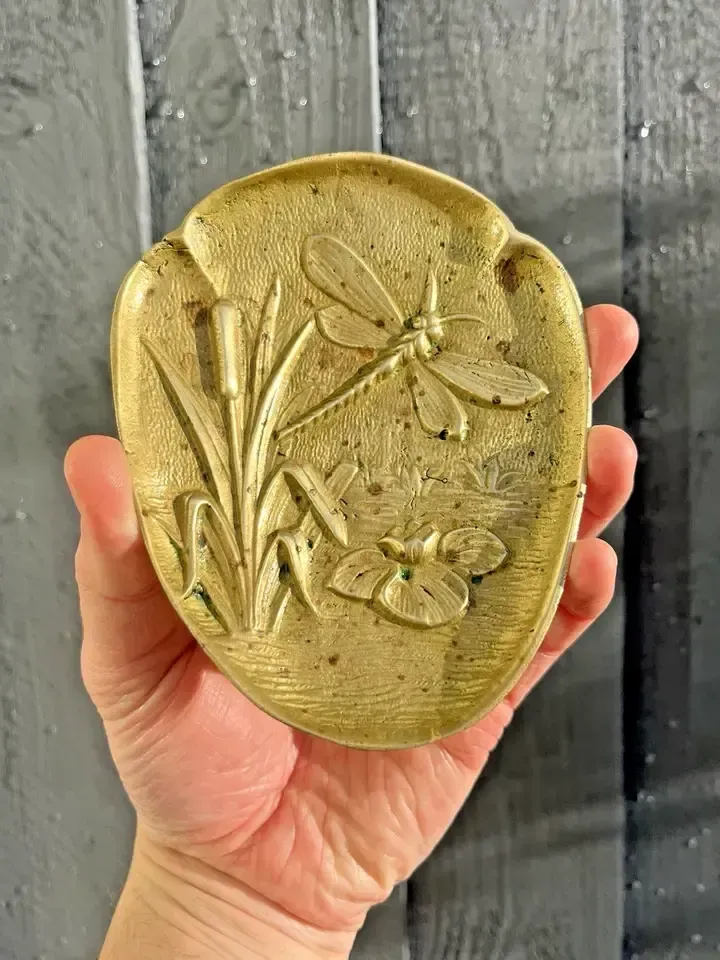 Antique French Art Nouveau Brass Bronze Trinket Dish Dragonfly Lilypad Cattails photo Home Decor