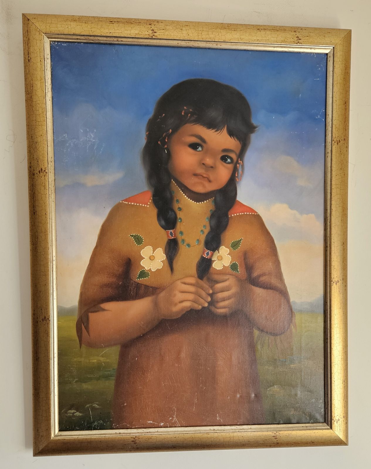 Original Oil Painting On Canvas Portrait Of A Native Indian Girl 20th Century