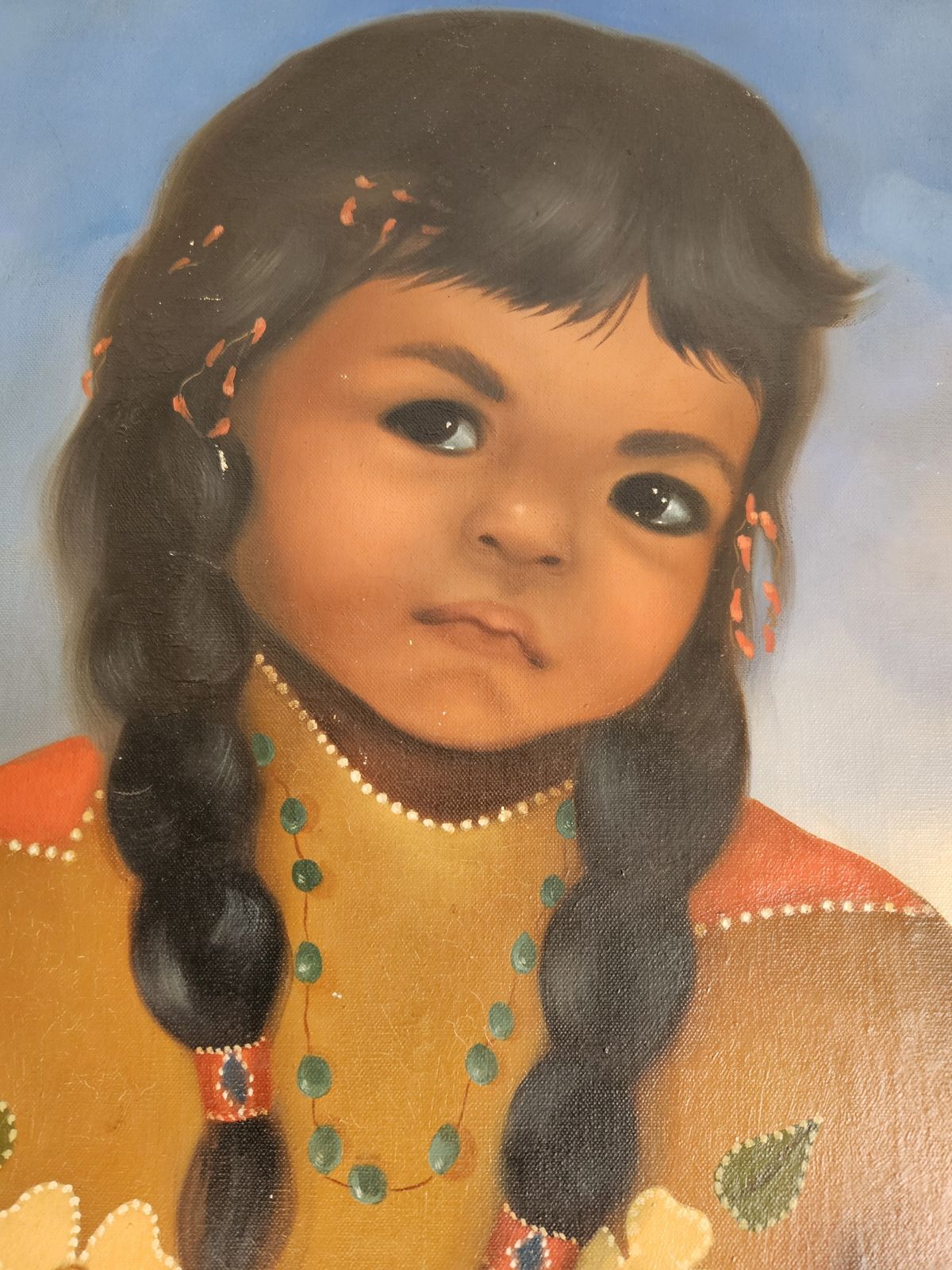 Original Oil Painting On Canvas Portrait Of A Native Indian Girl 20th Century photo vintage