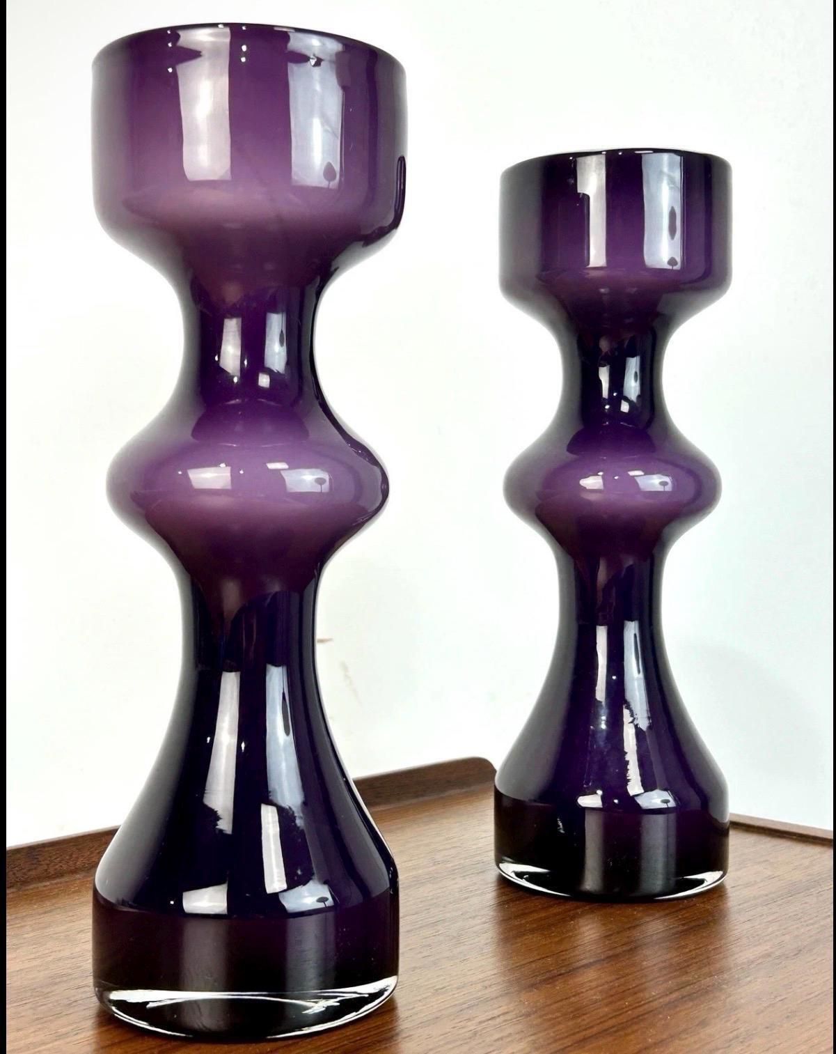 Pair Of Mid Century Modern Purple Cased Hooped Art Glass Vases Tall Sculptural.