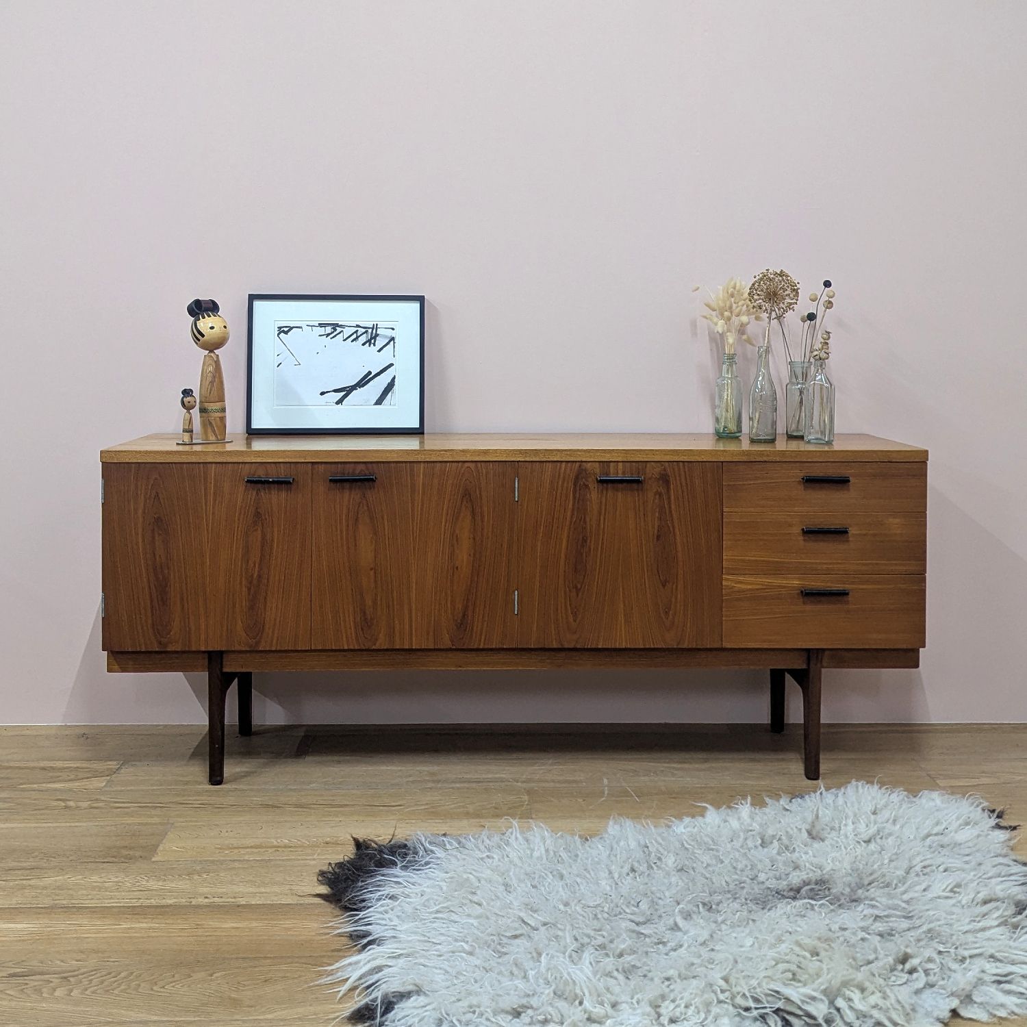 Midcentury 1960s Sideboard With Leather Handles By Gunther Hoffstead For Uniflex