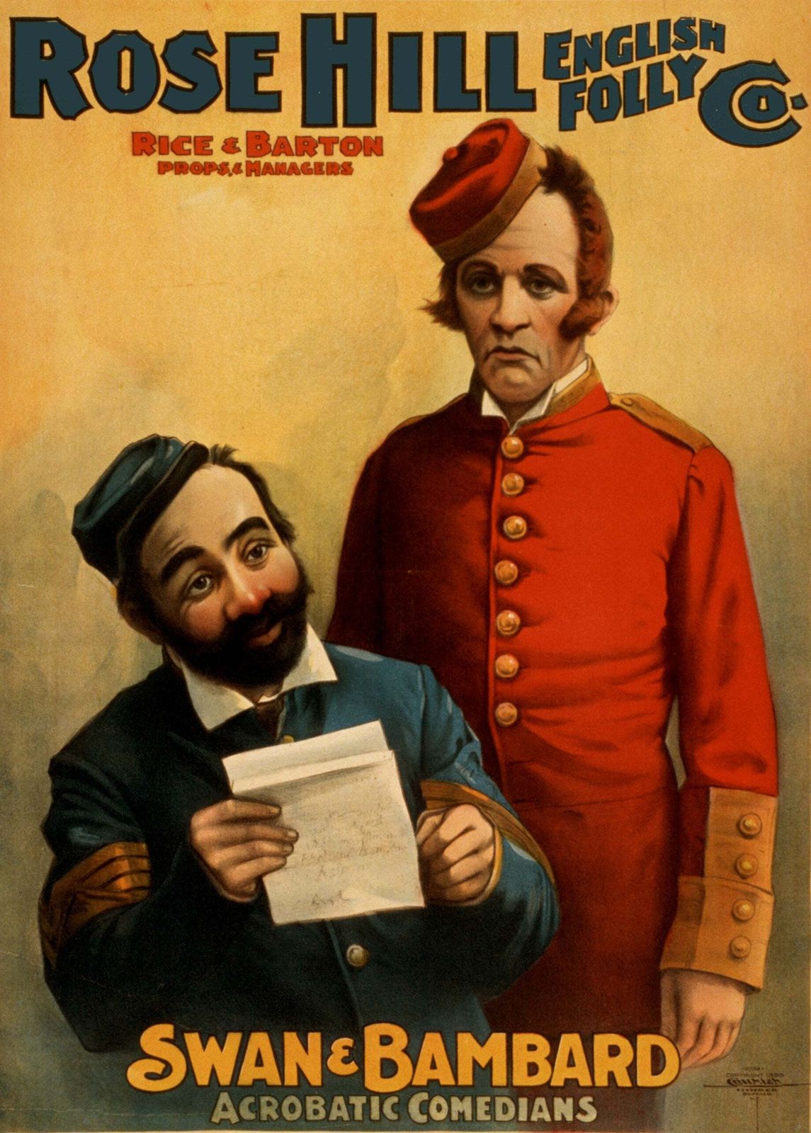 Vintage Advertising Poster The Rose Hill English Folly Company Swan & Bambard Acrobatric Comedians C1899.