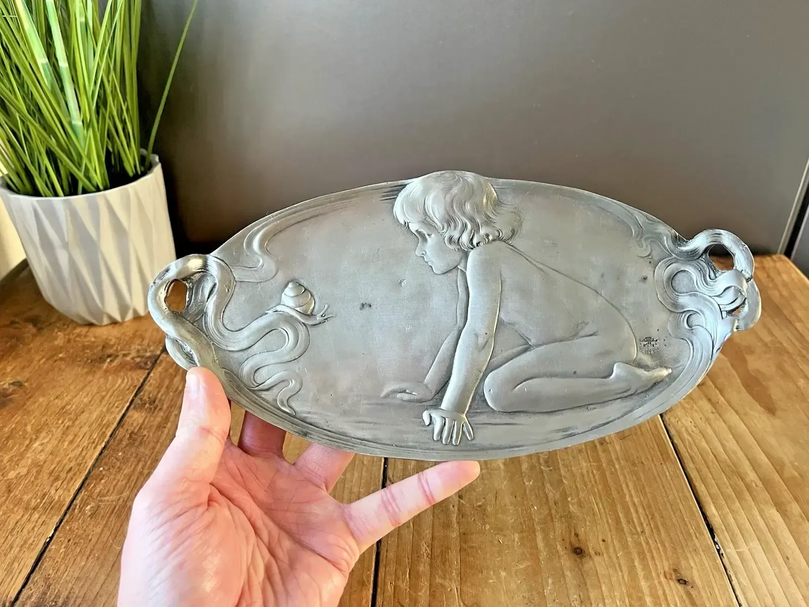photo for sale Vintage Art Nouveau Style Child & Snail Pewter Card Tray After Original By Wmf