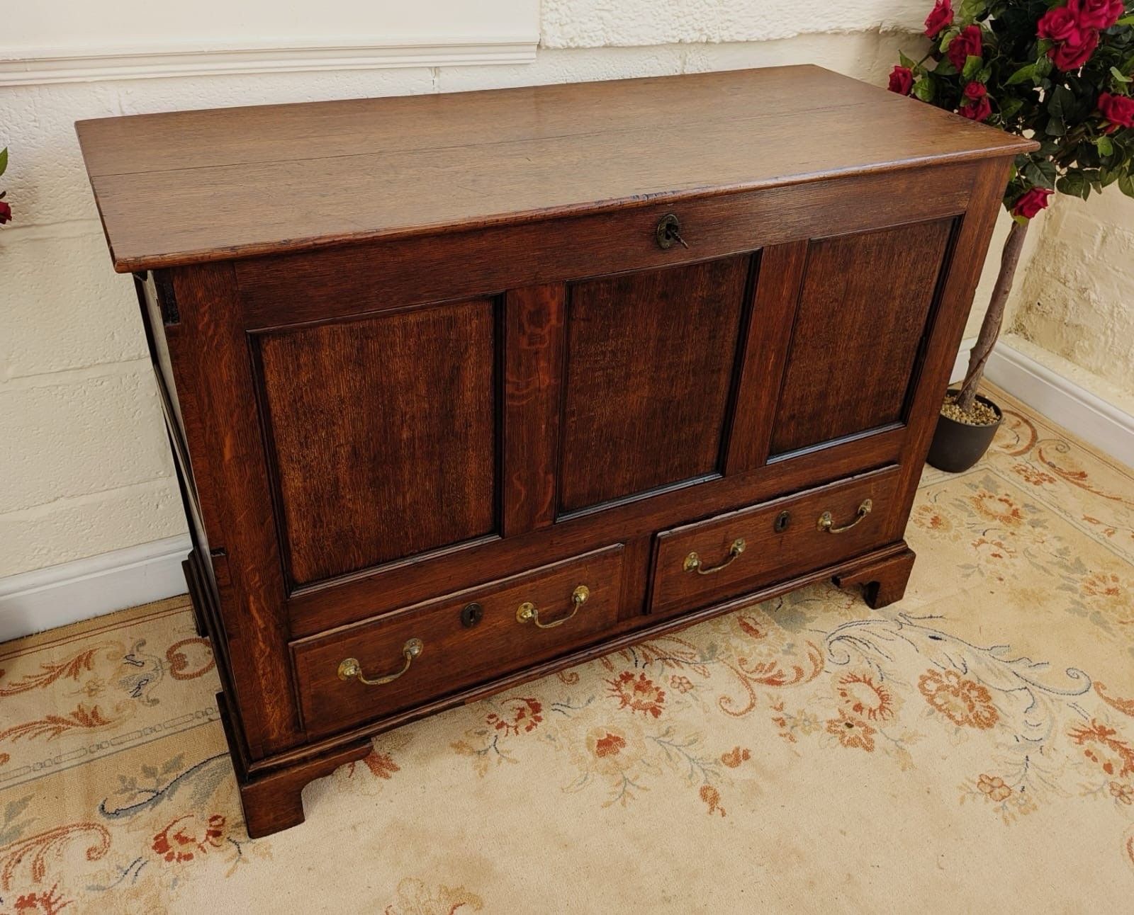 Early 19th Century Solid Oak Mule Chest W/ Cross Banded Drawers photo for sale