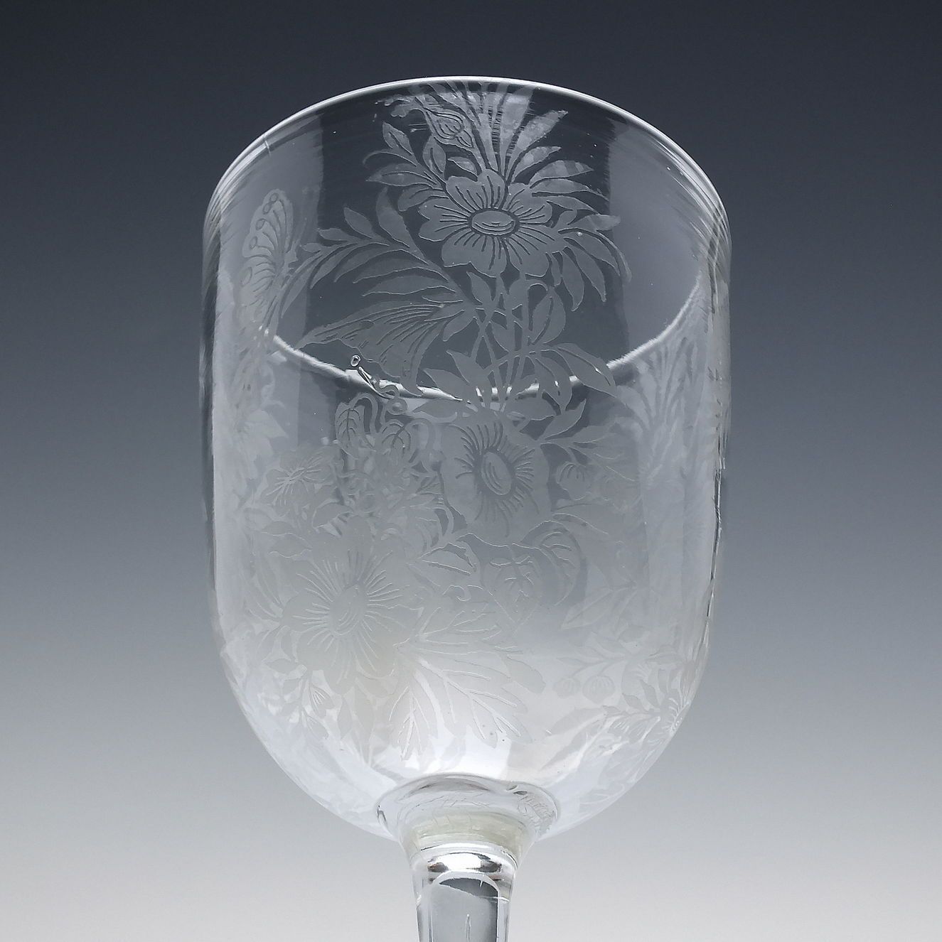 Victorian Acid Etched Glass Wine Goblet C1880   Butterflies And Flowers photo furniture