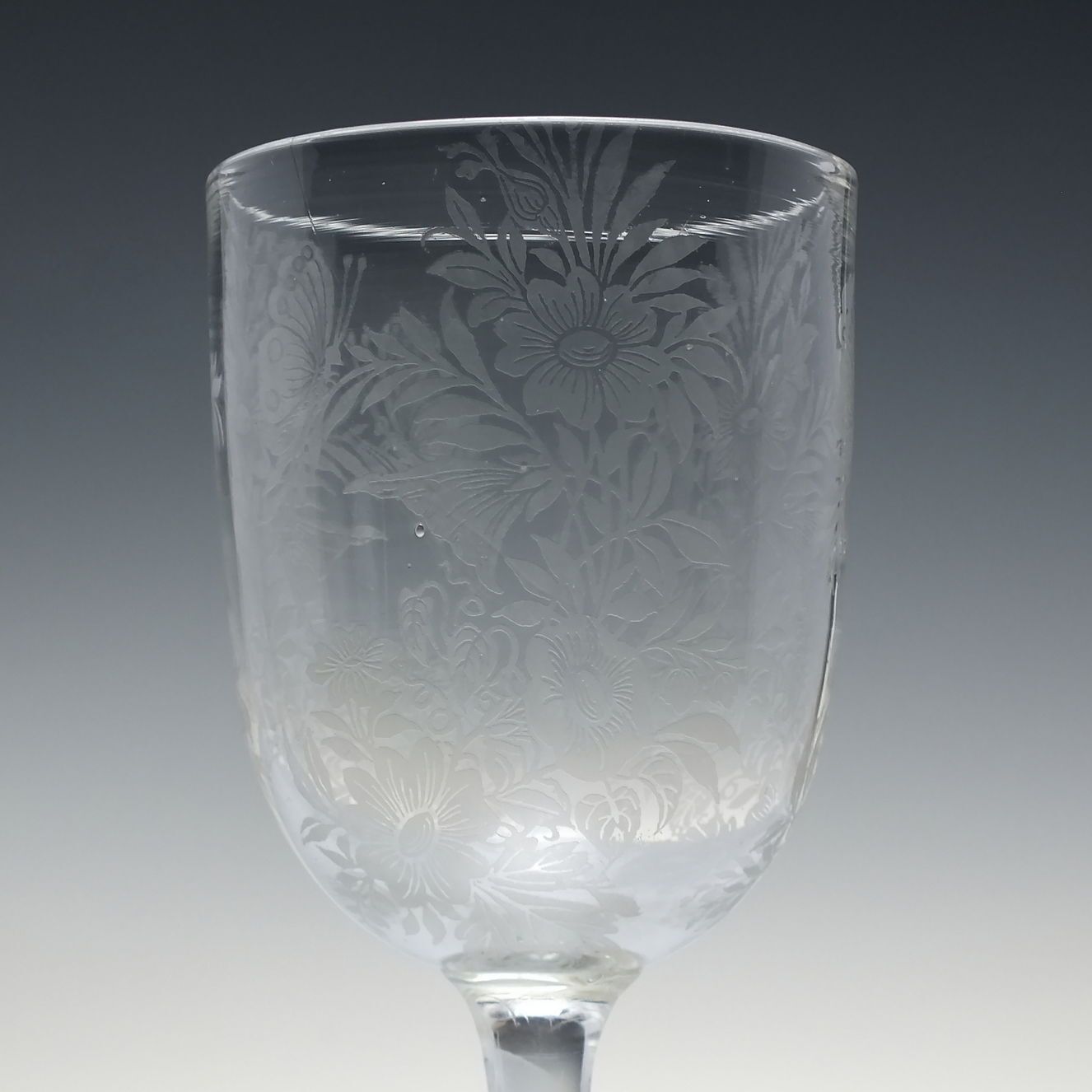 Victorian Acid Etched Glass Wine Goblet C1880   Butterflies And Flowers photo for sale