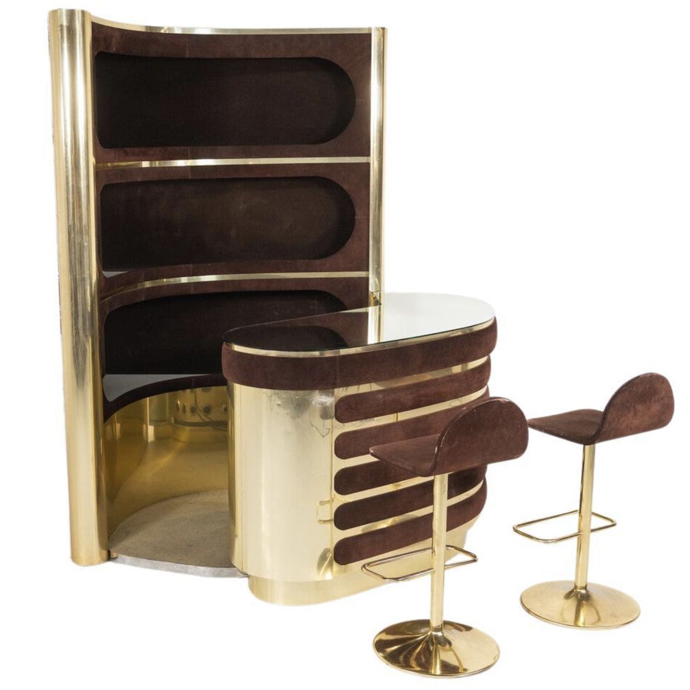 Mid Century Modern Suede Bar By Willy Rizzo With 2 Stools , Italy, 1970s