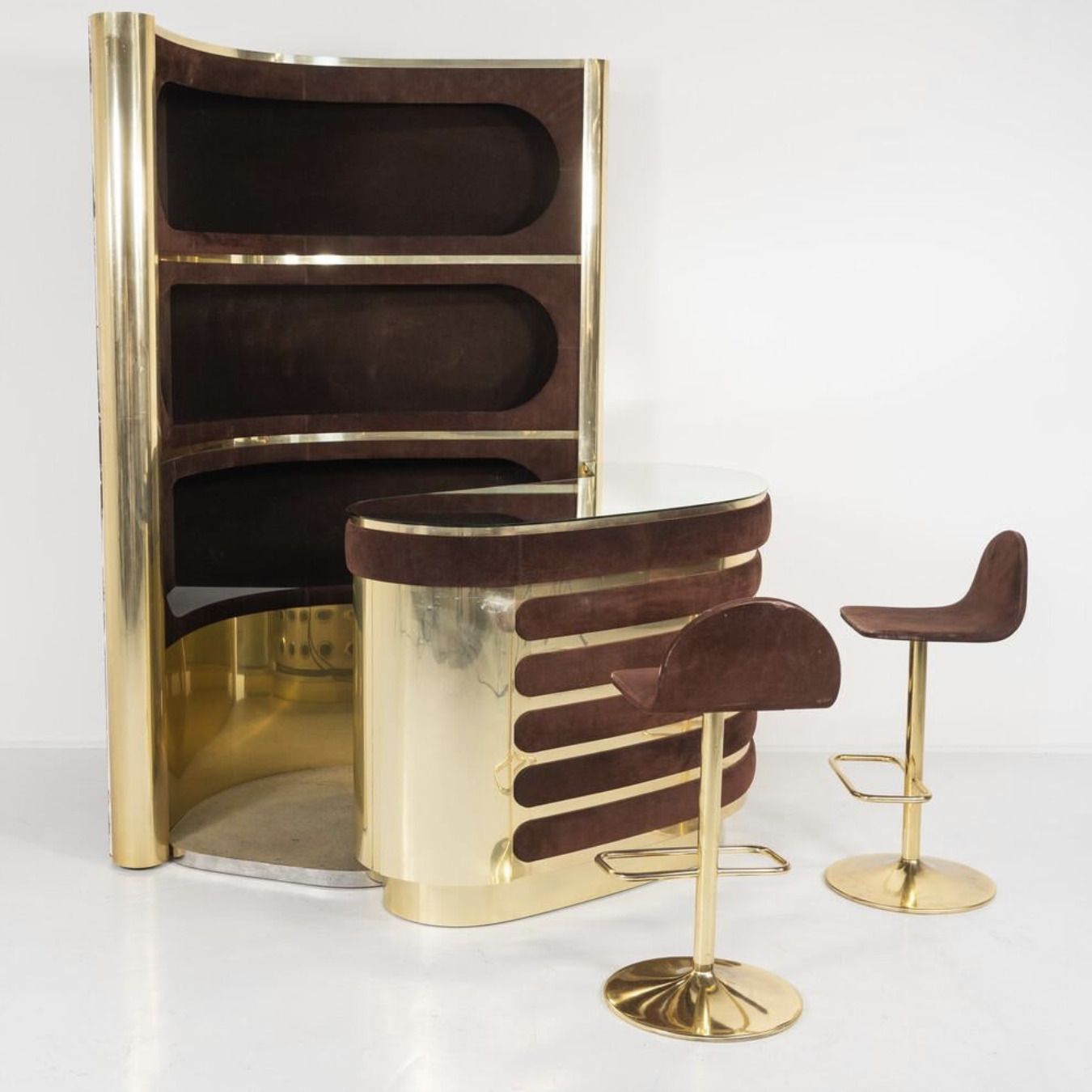 photo buy Mid Century Modern Suede Bar By Willy Rizzo With 2 Stools , Italy, 1970s