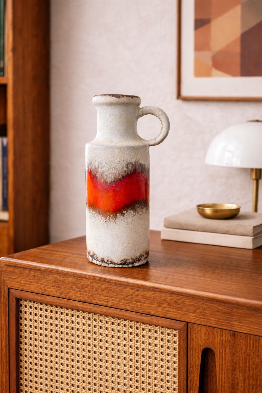 Mid Century West German Lava Glaze Pottery Vase  Red Flame photo furniture