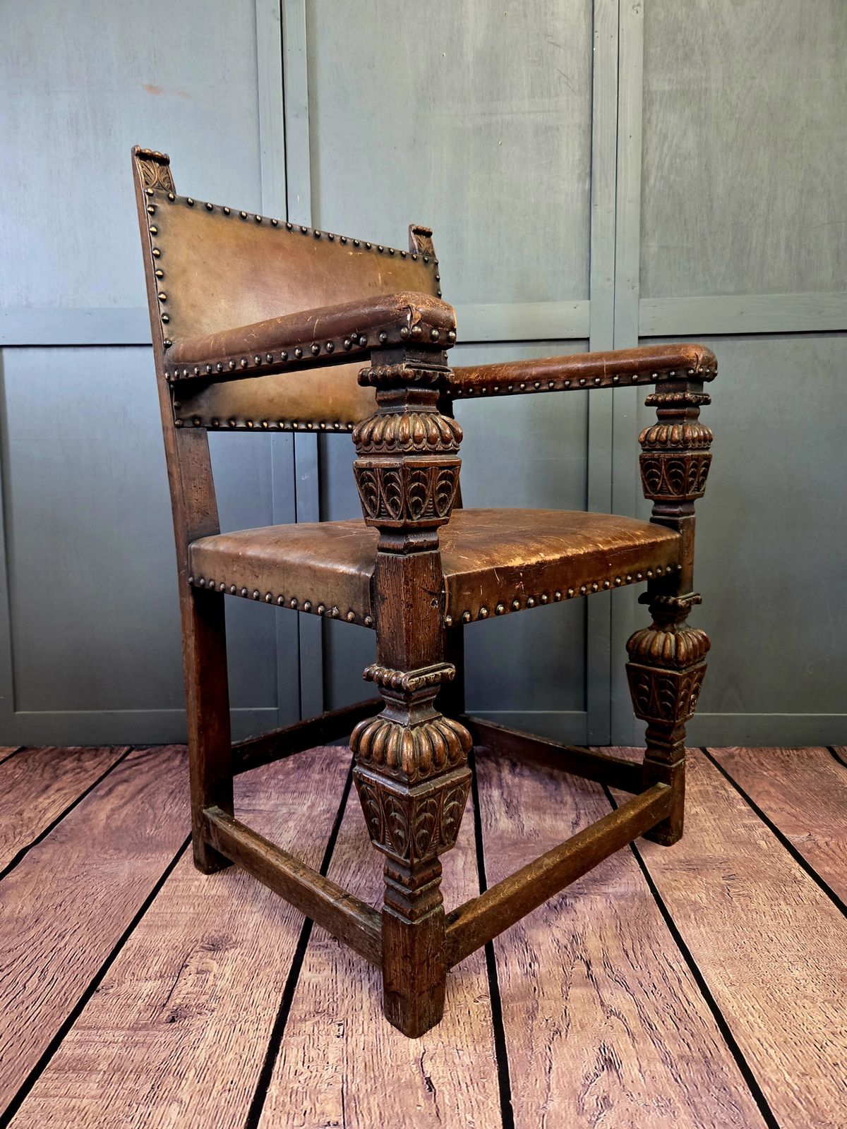 Pair Of Late 19th Century Jacobean Revival Carved Oak Armchairs With Original Studded Leather photo Furniture