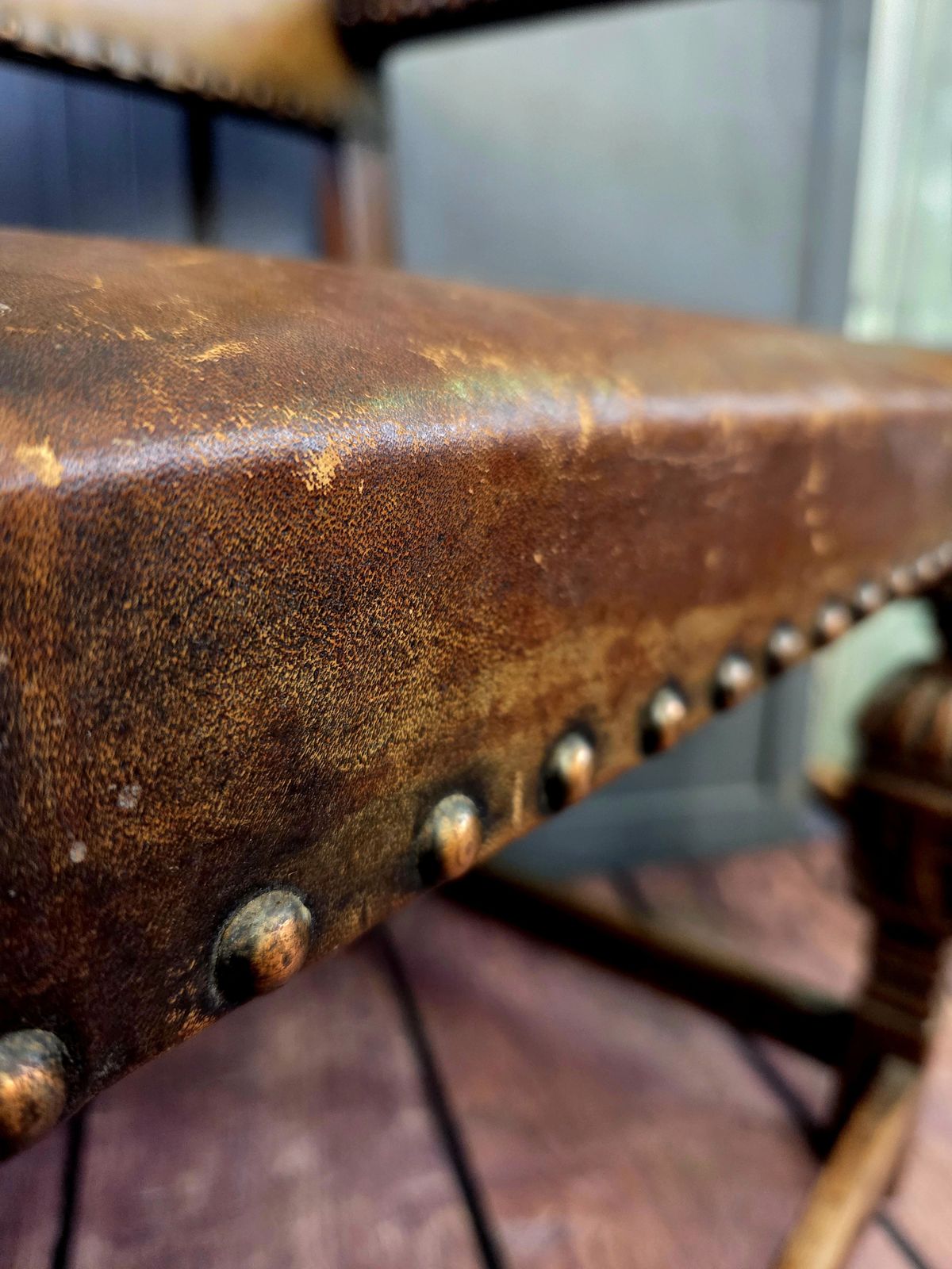 Pair Of Late 19th Century Jacobean Revival Carved Oak Armchairs With Original Studded Leather photo buy