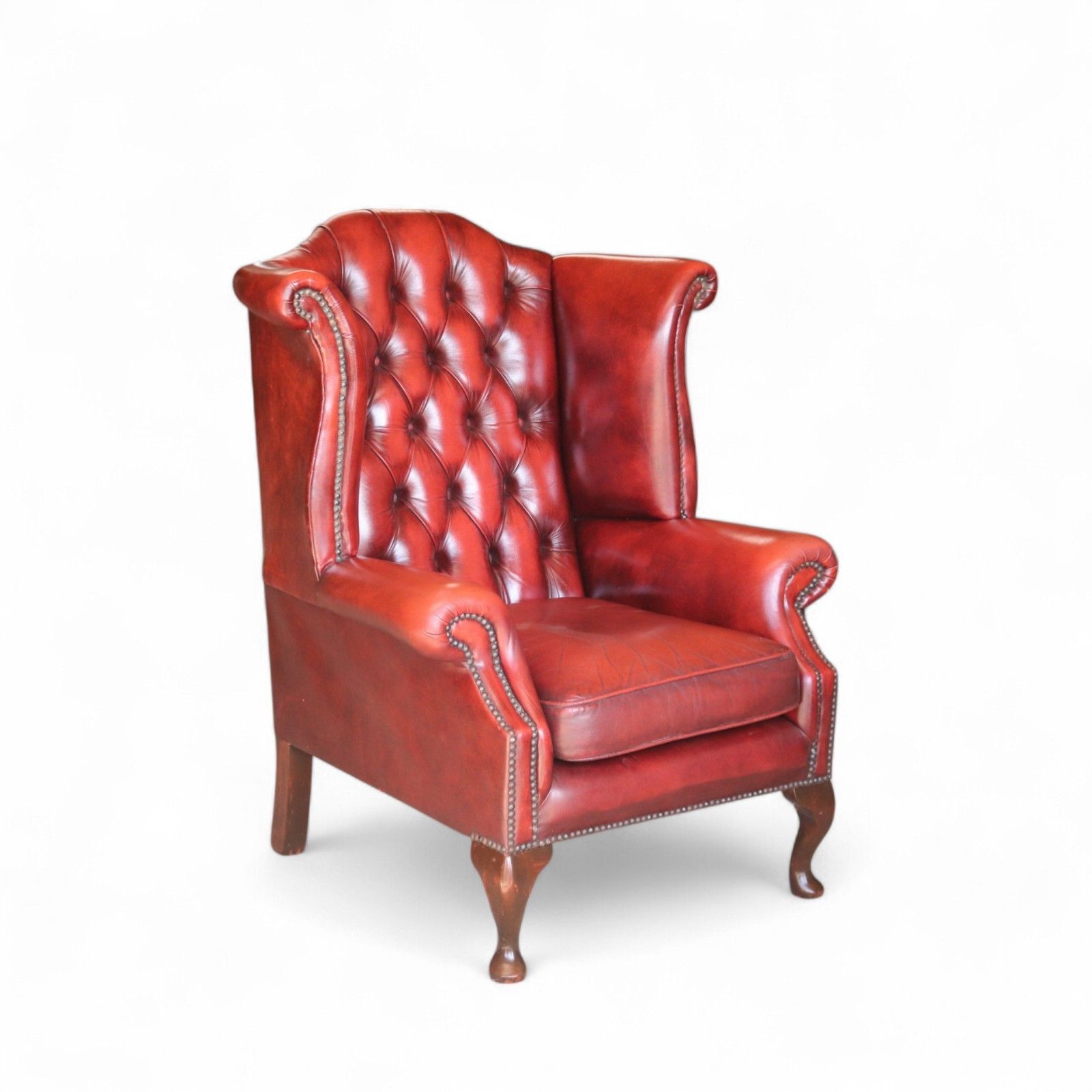 Vintage Oxblood Red Leather Wingback Queen Anne Style  Chesterfield Armchair photo 525.0