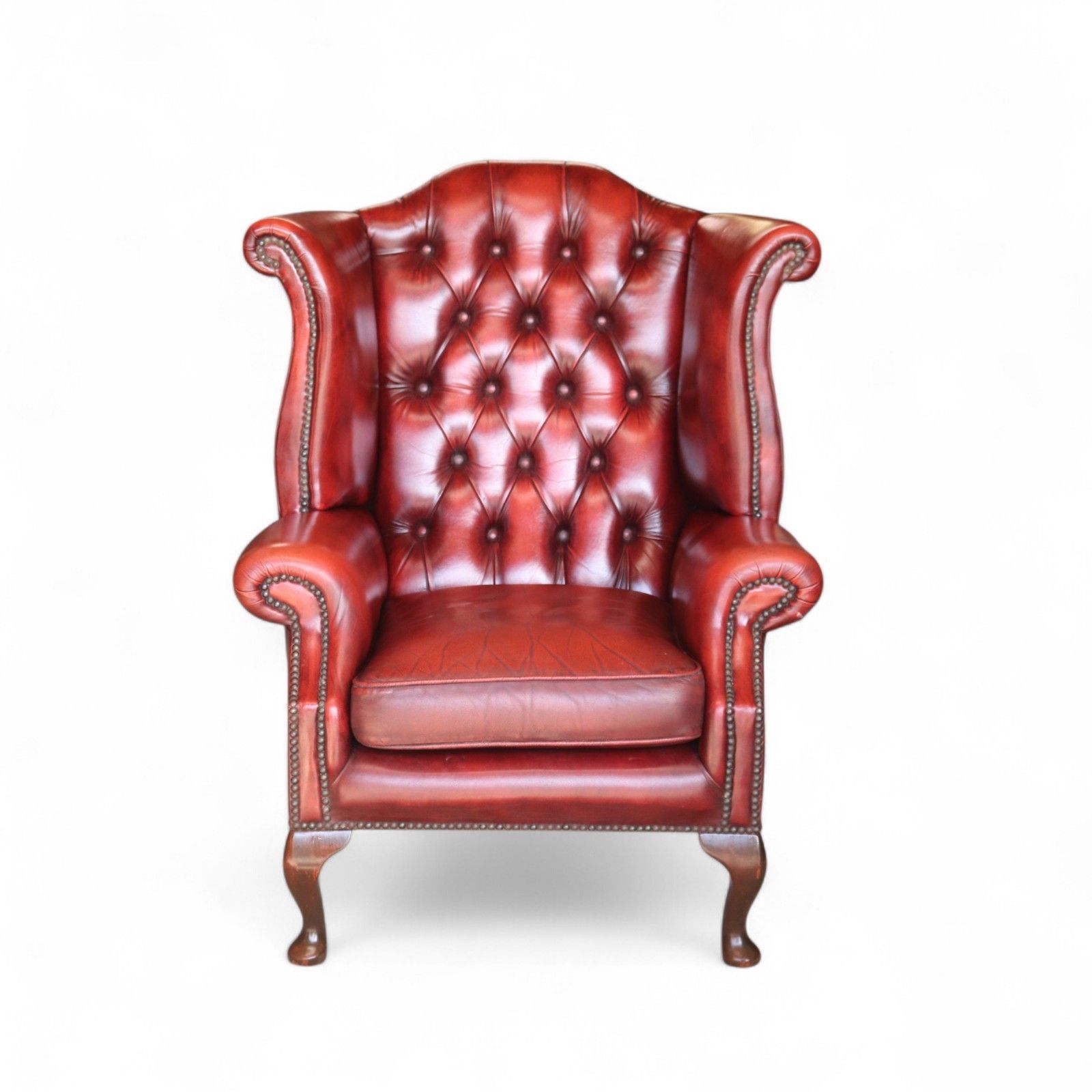 Vintage Oxblood Red Leather Wingback Queen Anne Style  Chesterfield Armchair photo vinterior