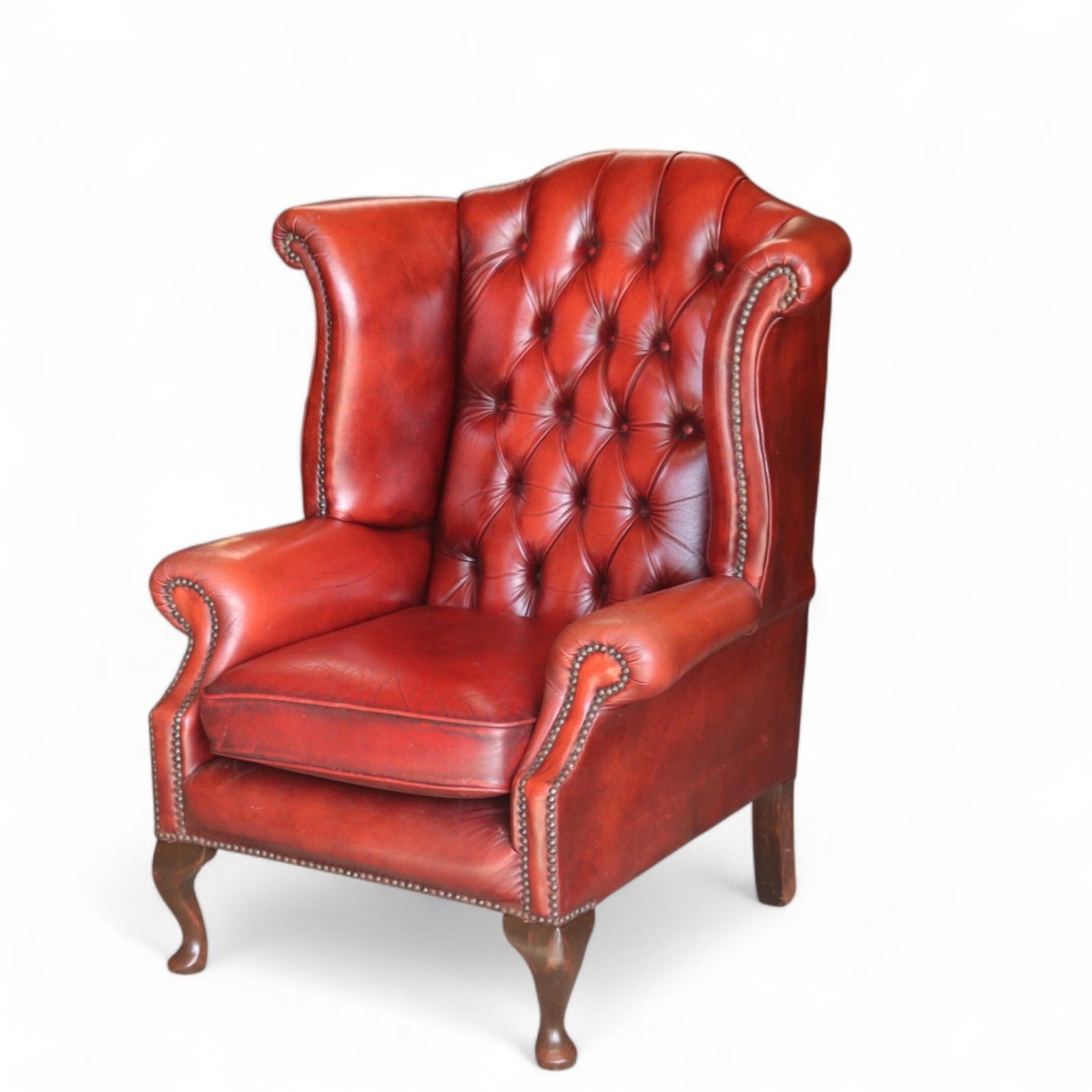photo for sale Vintage Oxblood Red Leather Wingback Queen Anne Style  Chesterfield Chair