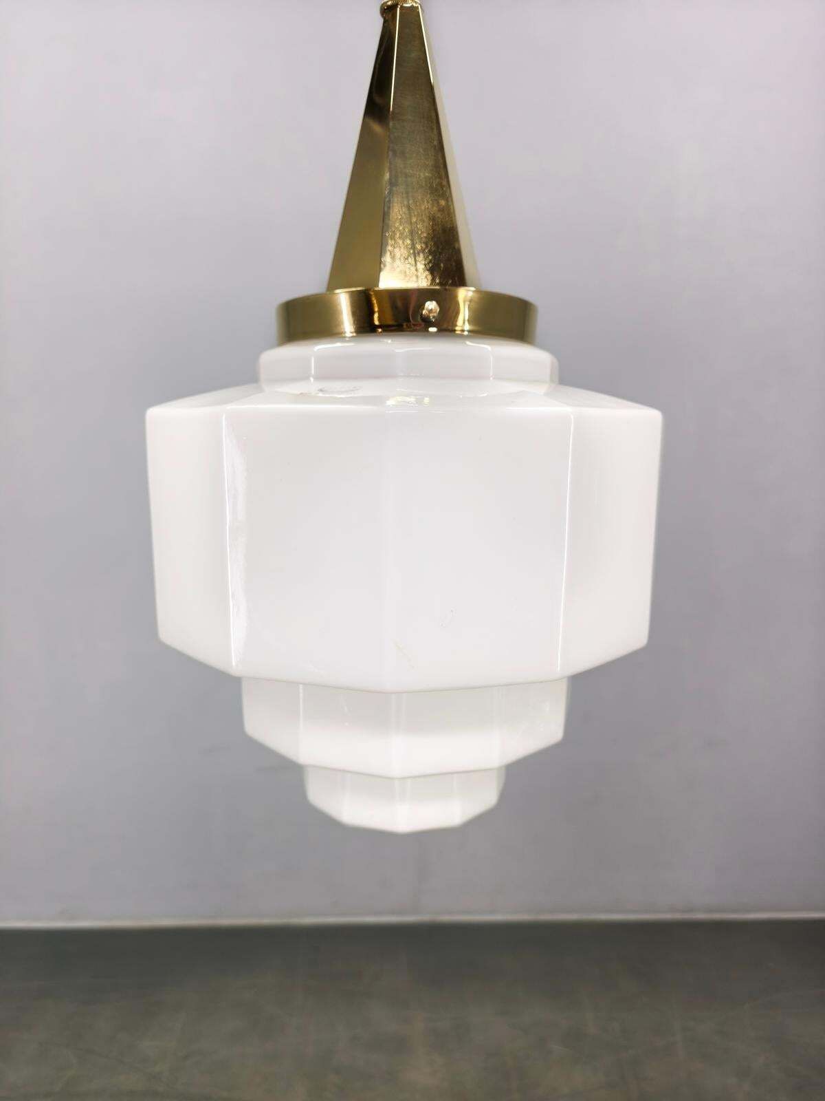 Art Deco Brass Pendant With Geometric Opaline Glass, Czechoslovakia 1930s photo 693.0
