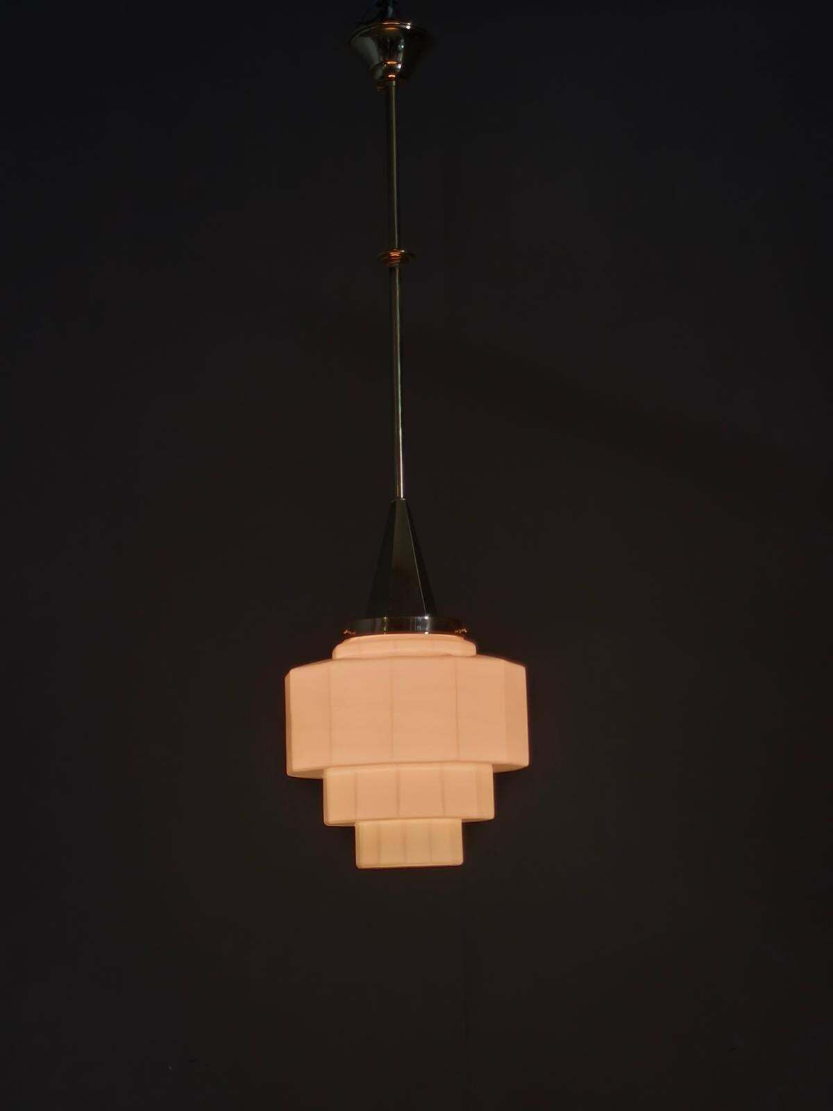 photo vintage Art Deco Brass Pendant With Geometric Opaline Glass, Czechoslovakia 1930s