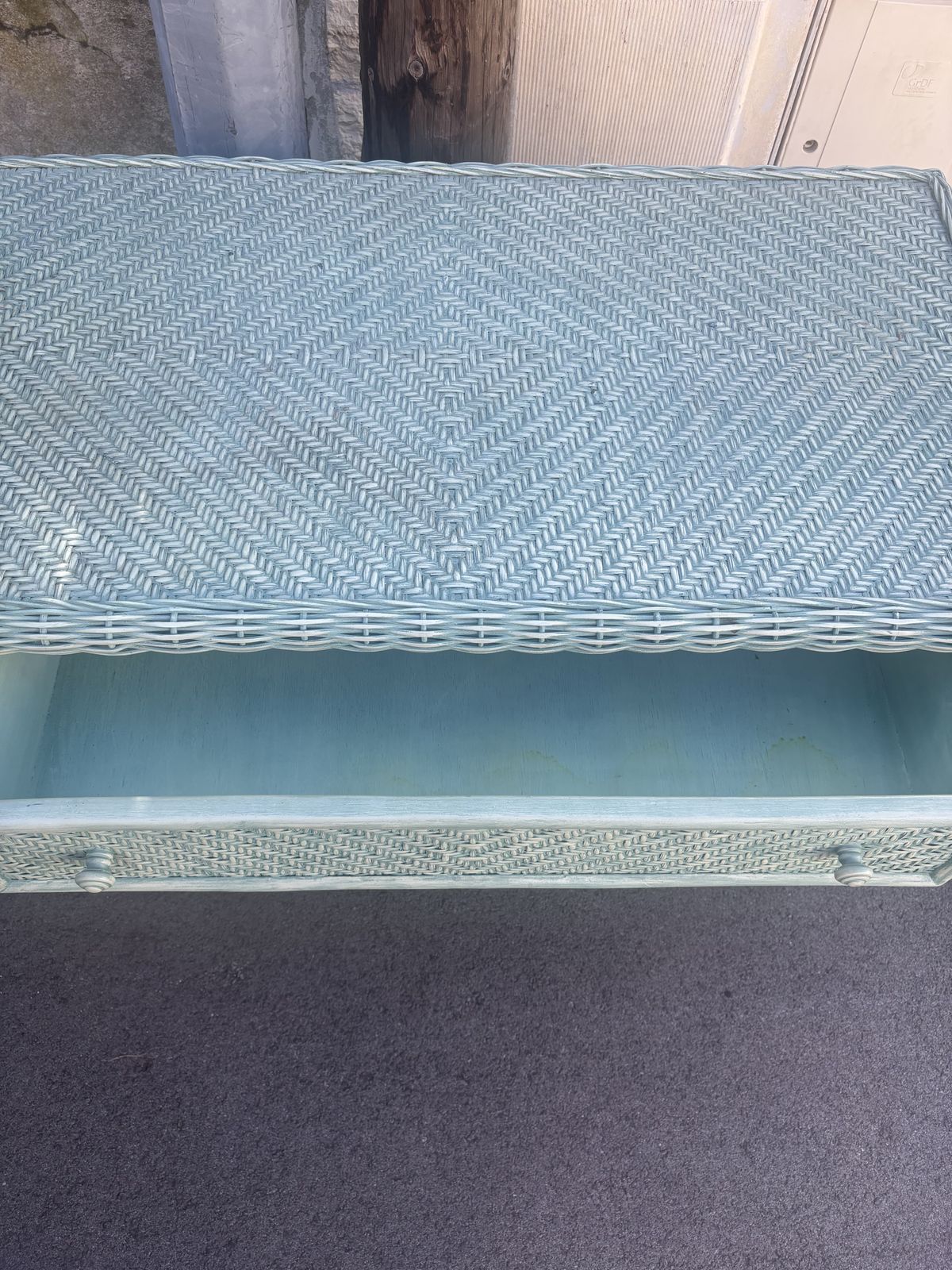 Vintage Italian Baby Blue Wicker Chest Of Drawers Storage photo for sale