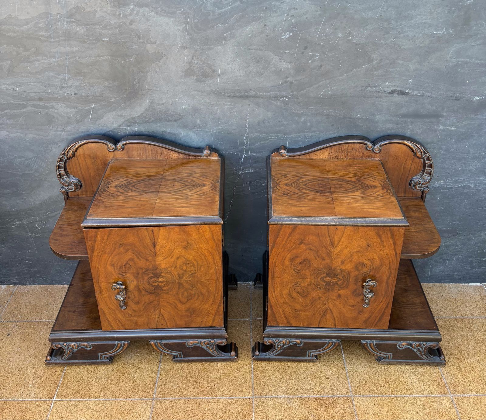 Pair Of Art Deco Walnut Bedside Nightstands, 1930s photo for sale