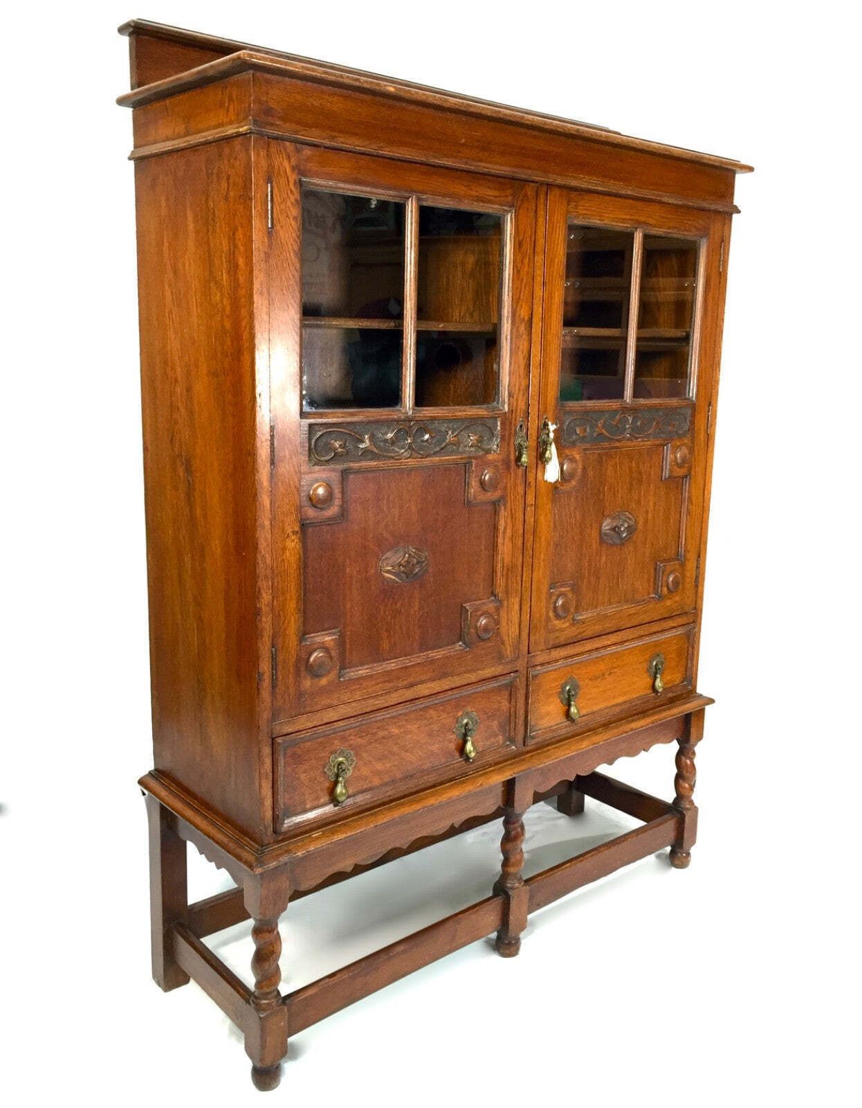 Antique 1920s Oak Wooden Display Bookcase Cabinet With Glazed Doors Sideboard photo 439.0