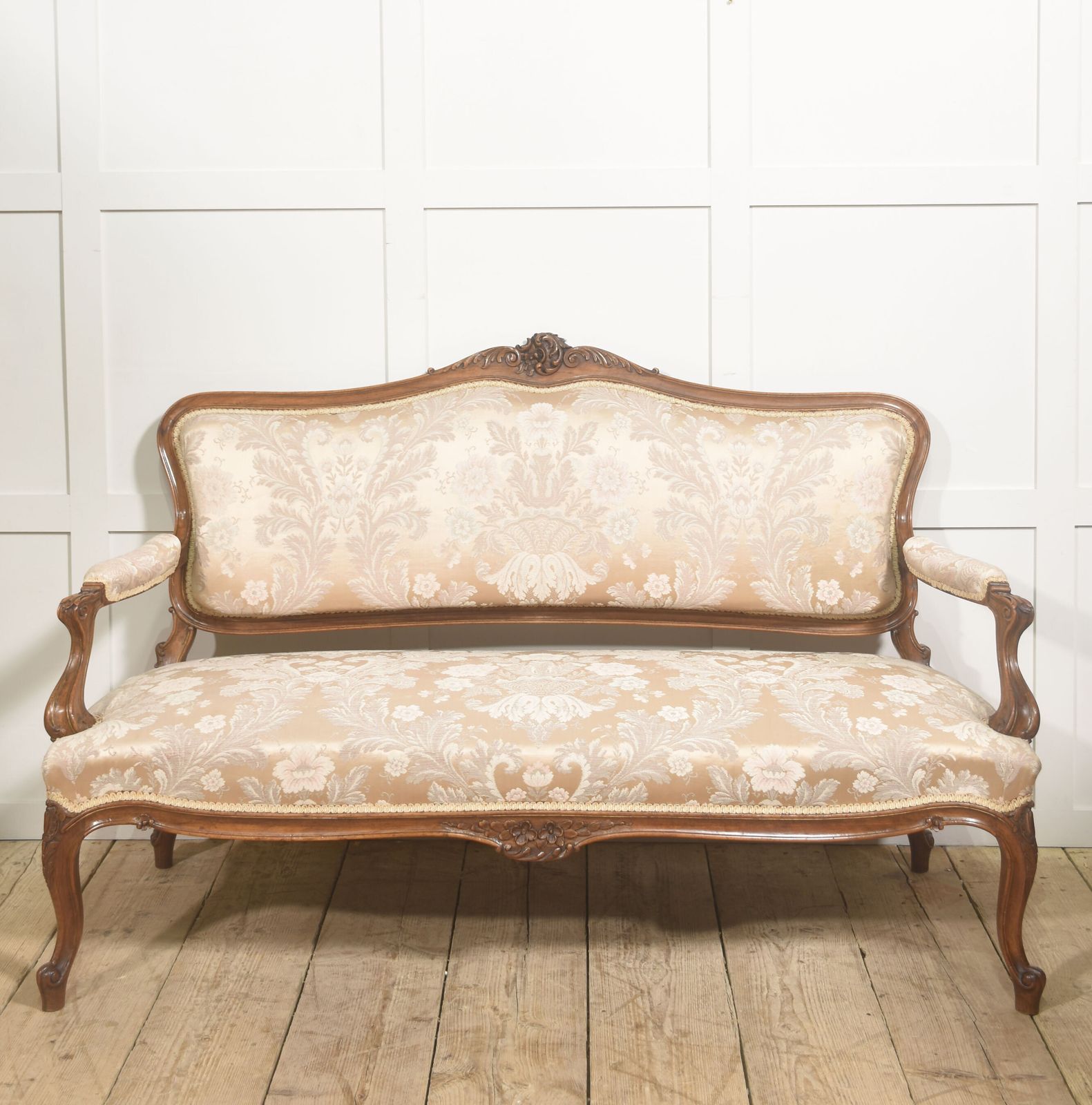 Louis XV Style Carved Walnut Settee With Damask Upholstery