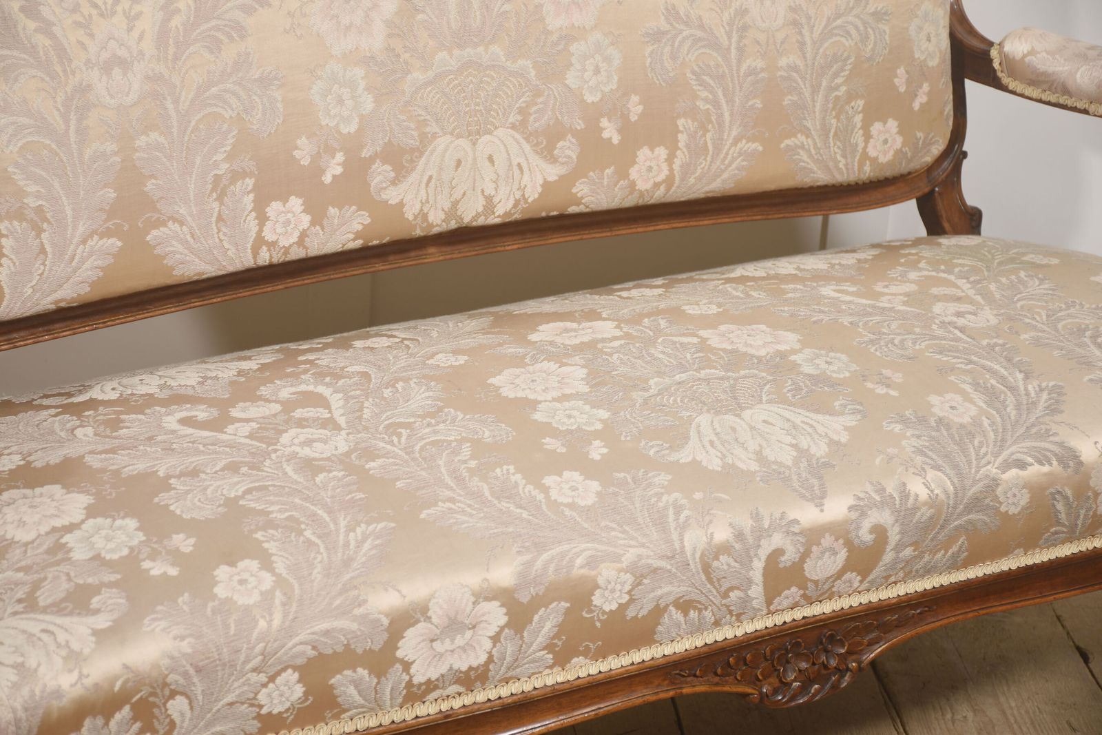 Furniture Louis XV Style Carved Walnut Settee With Damask Upholstery photo
