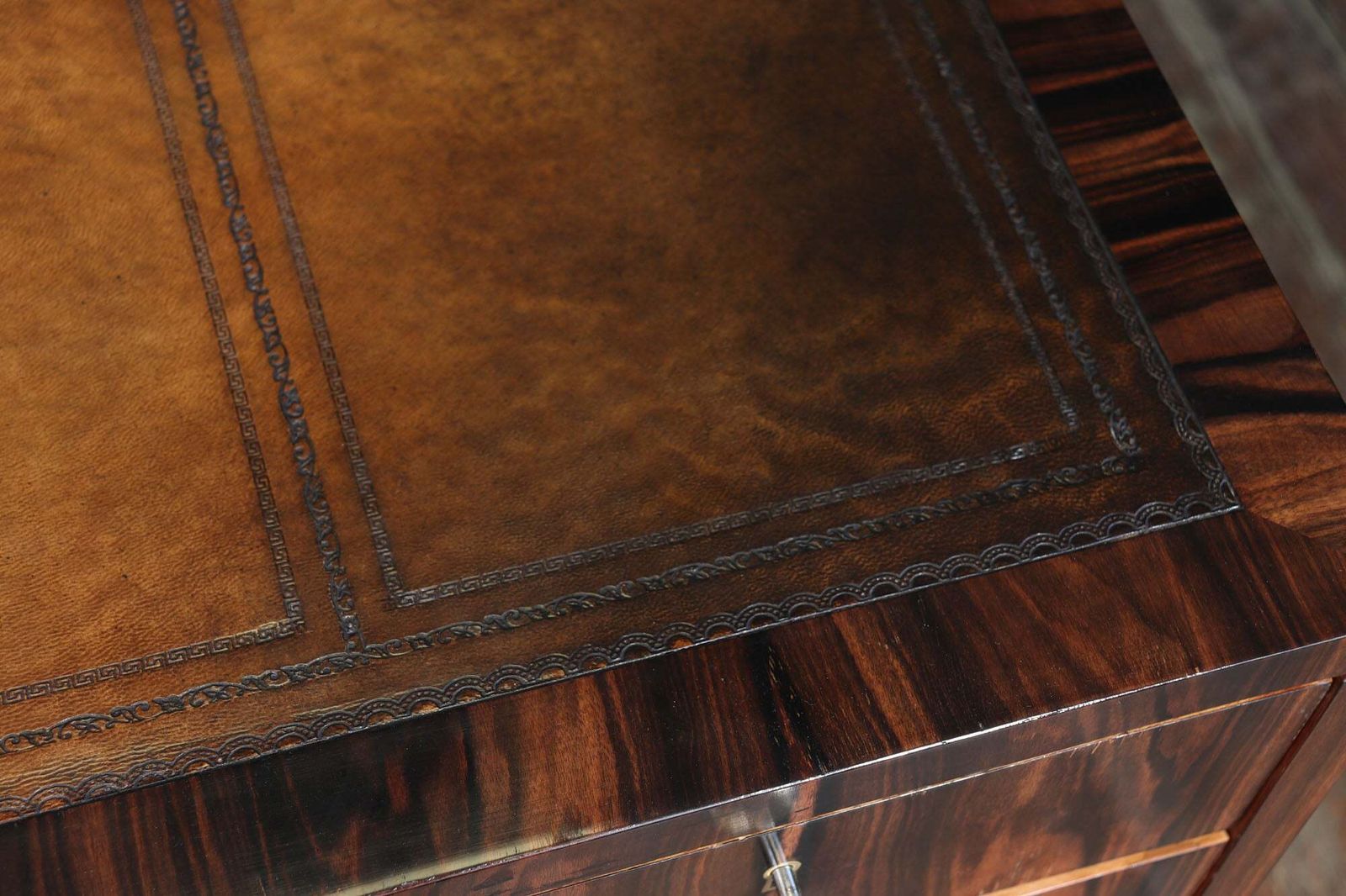 photo for sale Italian Art Deco Macassar Ebony Desk With Leather Top C1950