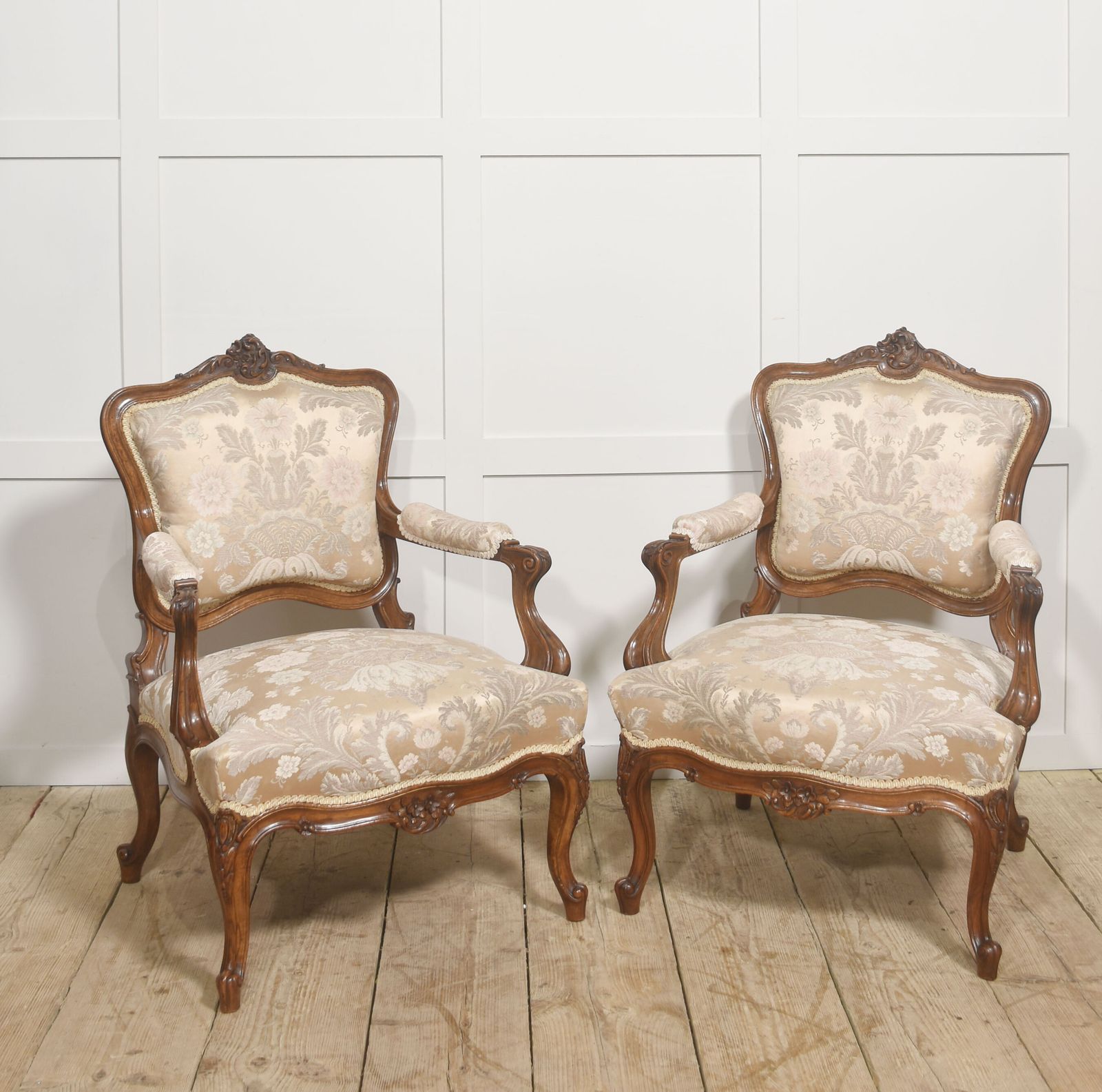 Pair Of French Louis XV Style Carved Walnut Armchairs