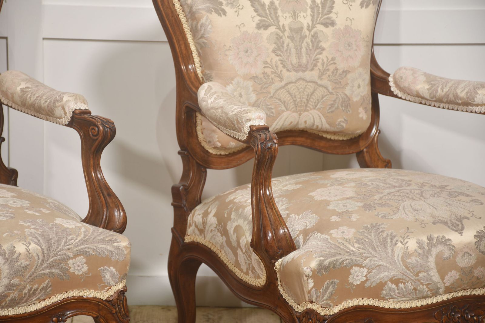 Pair Of French Louis XV Style Carved Walnut Armchairs photo for sale