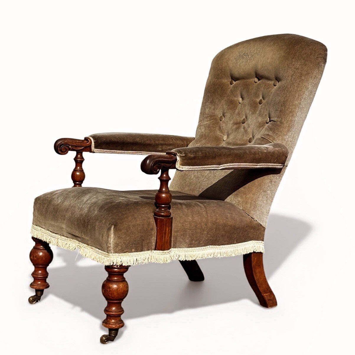 William IV Library Armchair With Mahogany Frame, On Brass Castors.