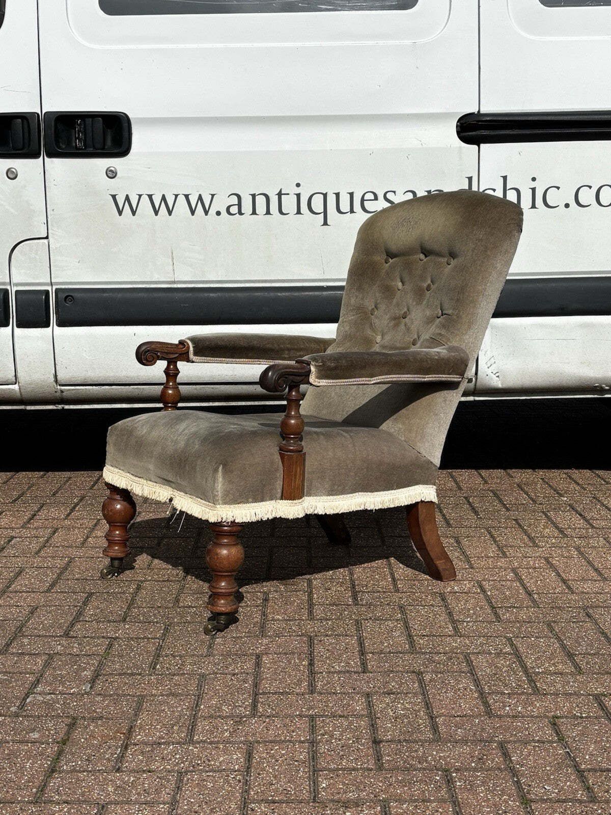 William IV Library Armchair With Mahogany Frame, On Brass Castors. photo vintage