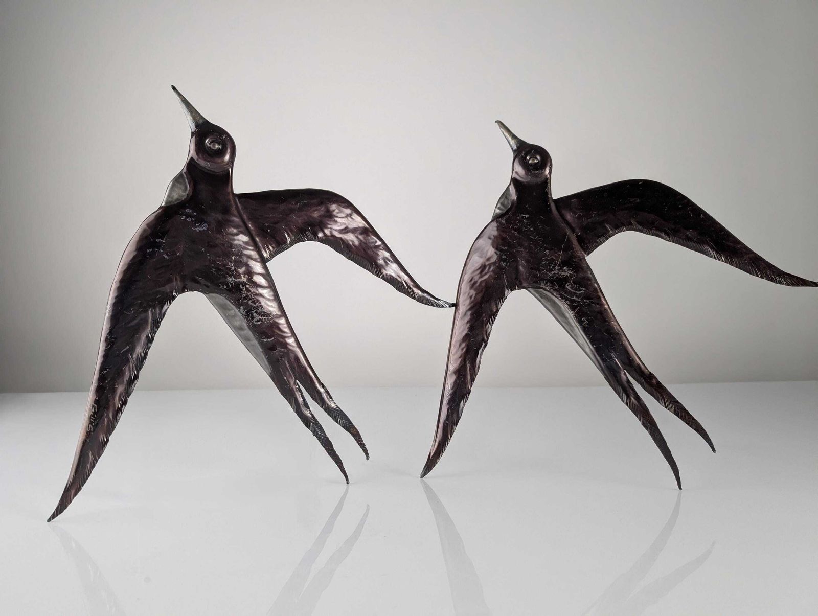 Pair Of Metal Swallow Wall Sculptures, Signed, 1970s photo Art