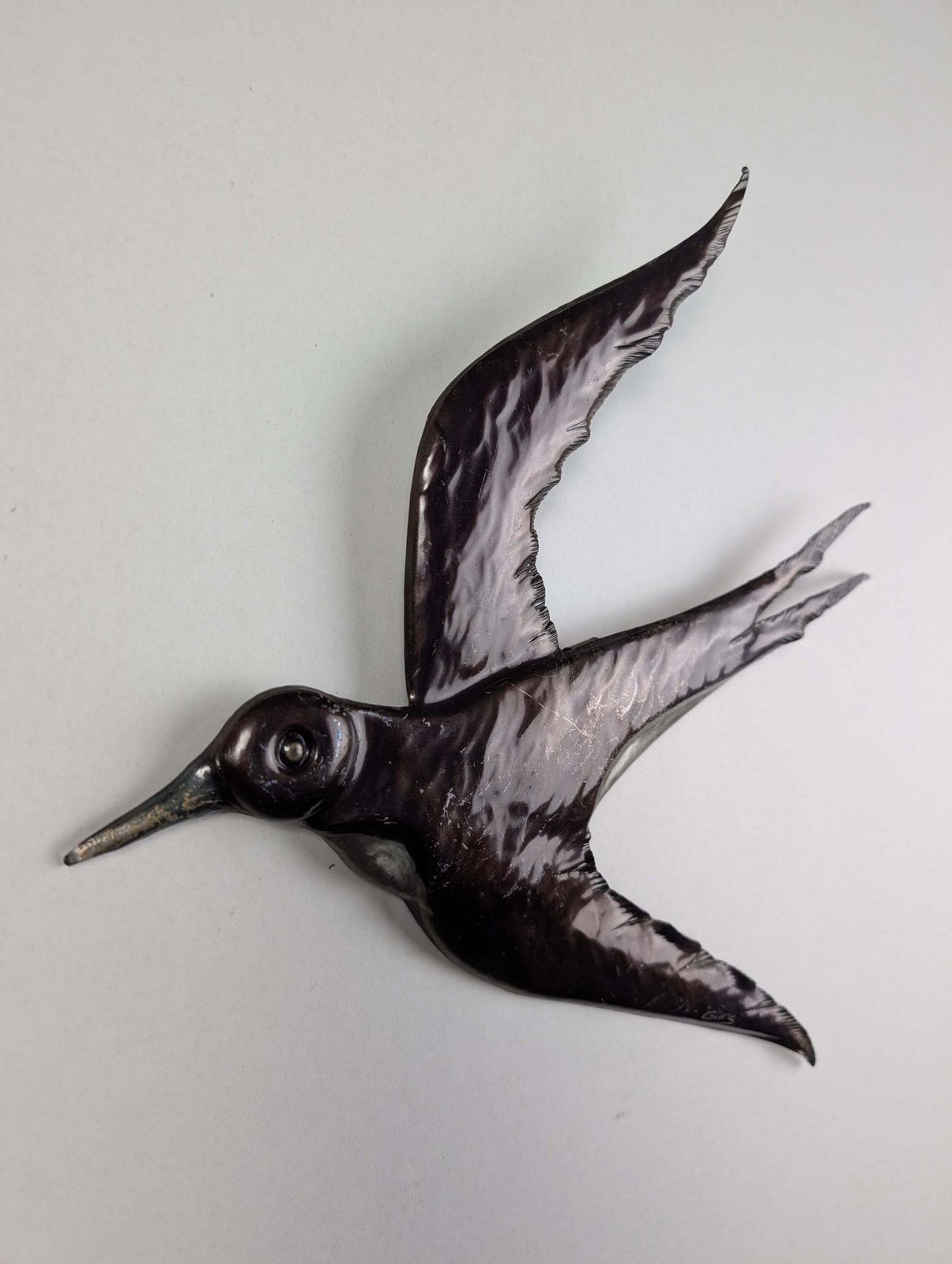 Art Pair Of Metal Swallow Wall Sculptures, Signed, 1970s photo