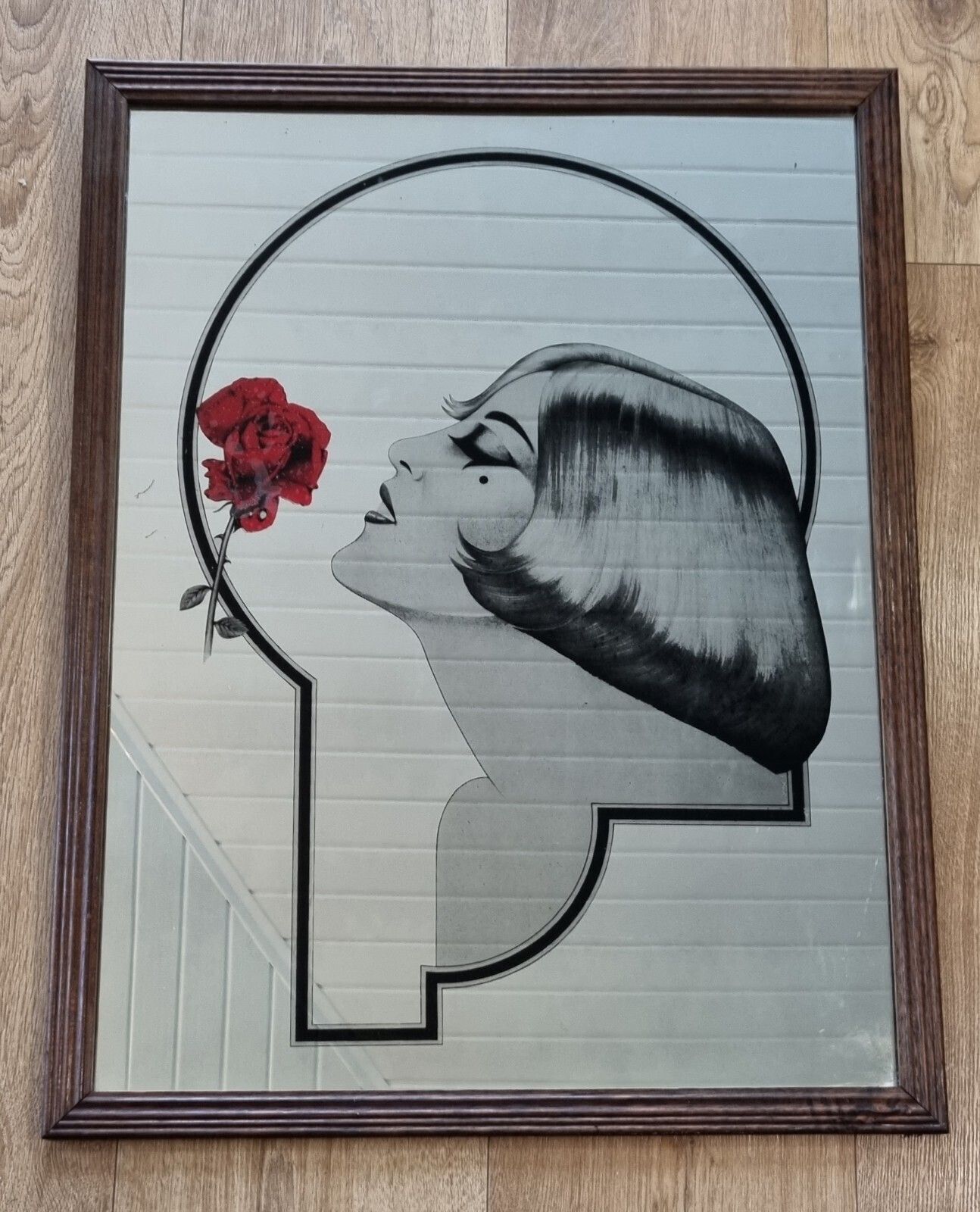 Vintage Large Art Deco Style Mirror Lady & Rose Printed Design 65 Cm X 50 Cm