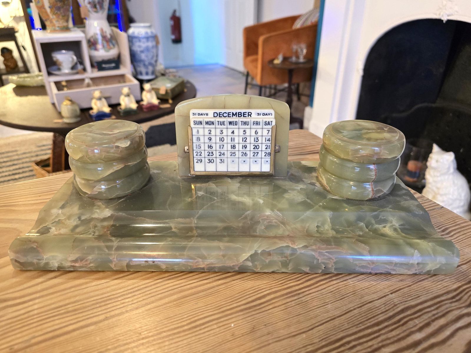 Antique Art Deco Green Onyx Desk Set   Perpetual Calendar, Two Ink Wells, Pen Holder