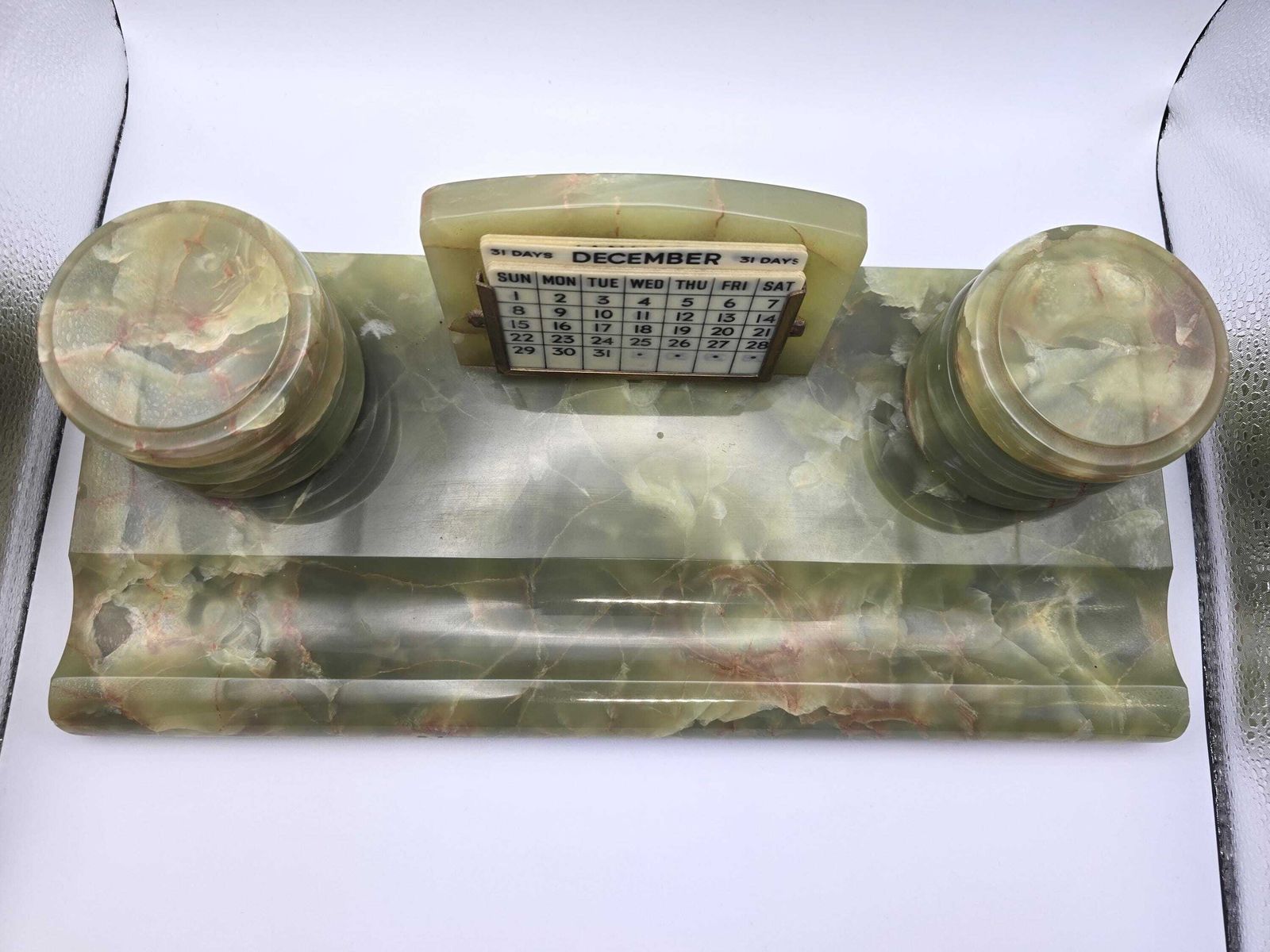 Antique Art Deco Green Onyx Desk Set   Perpetual Calendar, Two Ink Wells, Pen Holder photo Home Decor