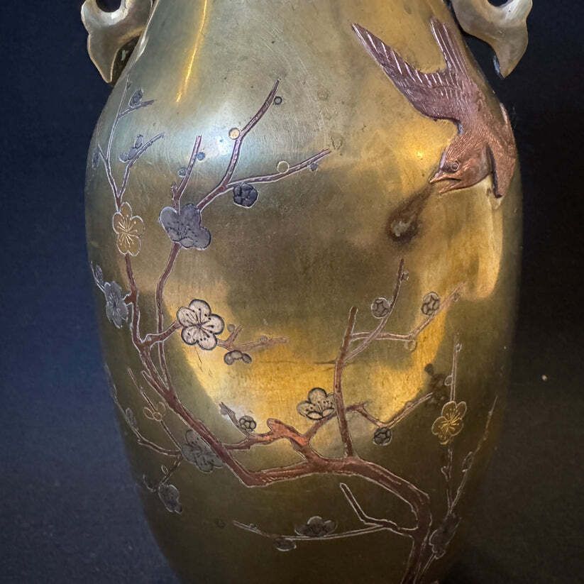 Antique Early 1900s Japanese Meiji Mixed Metal Bronze Large Vase photo buy