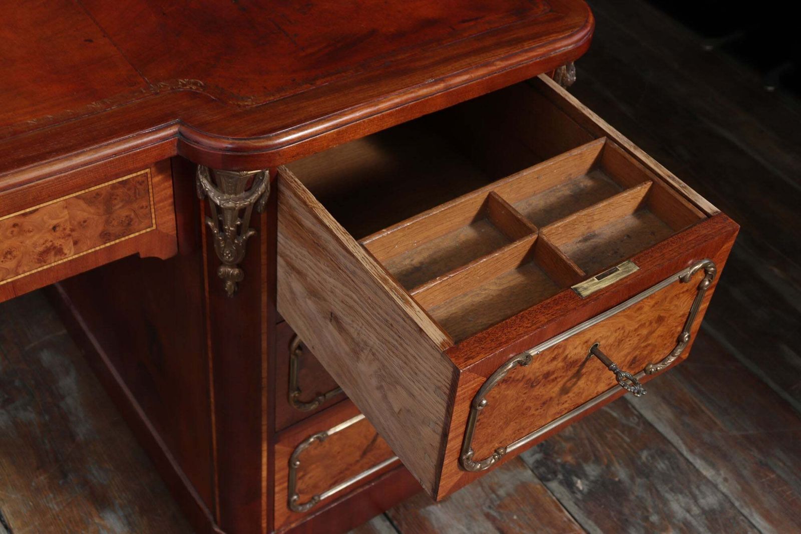 photo buy Fine French Burr Walnut Pedestal Desk With Gilt Bronze Ormolu Mounts C1880