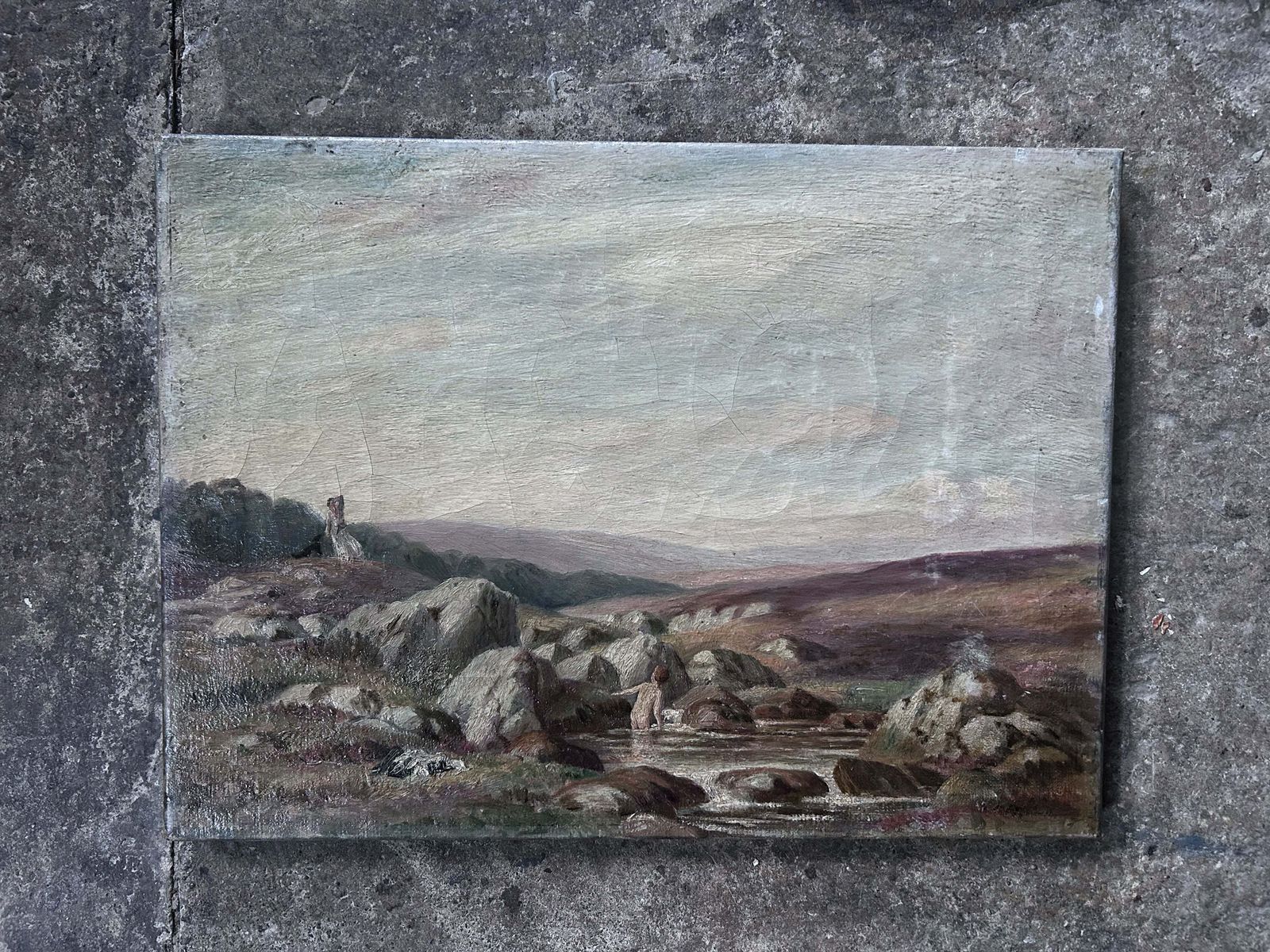 19th Century Antique Oil Painting Moorland Landscape Child Bather photo Art