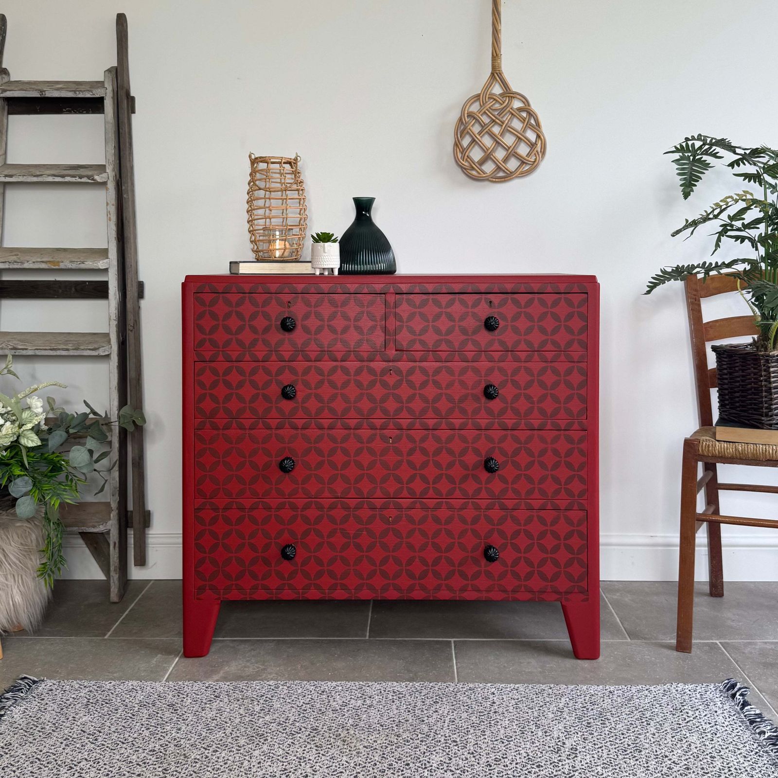 Vintage Retro Chest Of Drawers Painted Red And Patterned