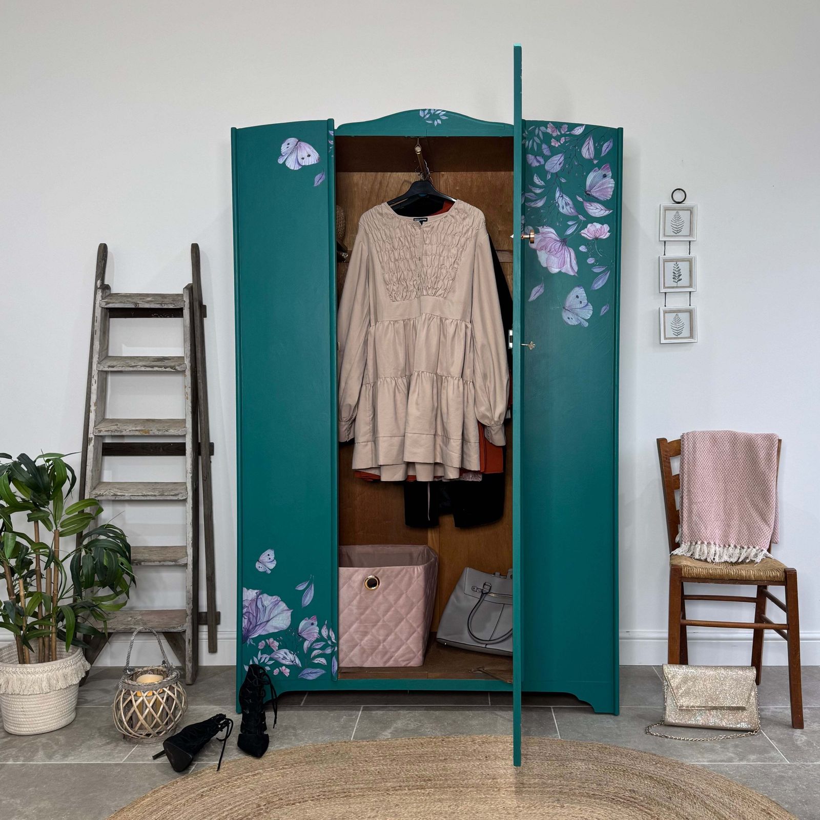 Vintage Wardrobe Armoire Painted Teal Green With Florals photo for sale