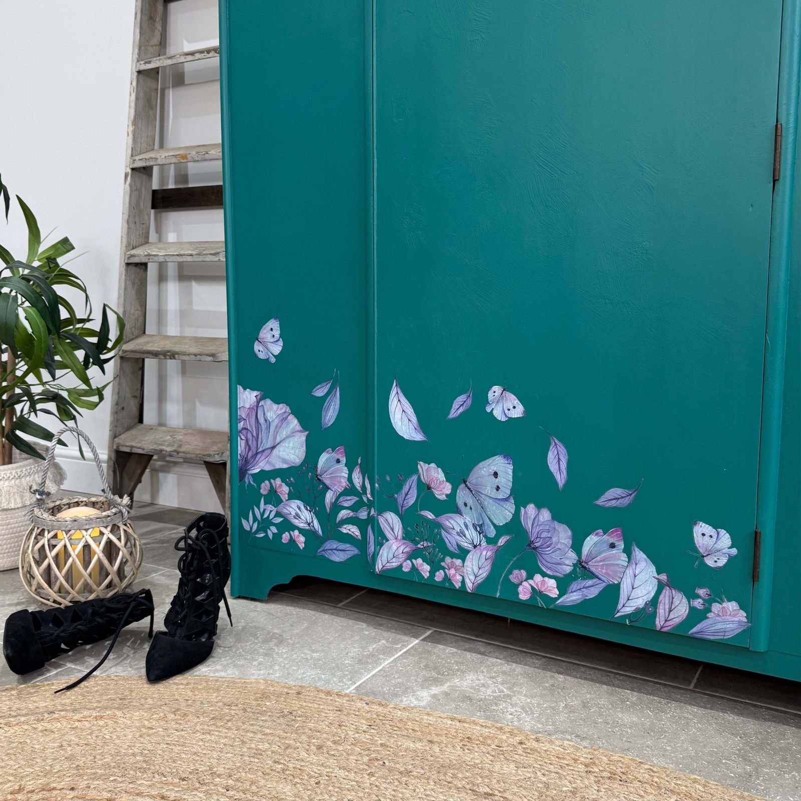 Vintage Wardrobe Armoire Painted Teal Green With Florals photo vintage