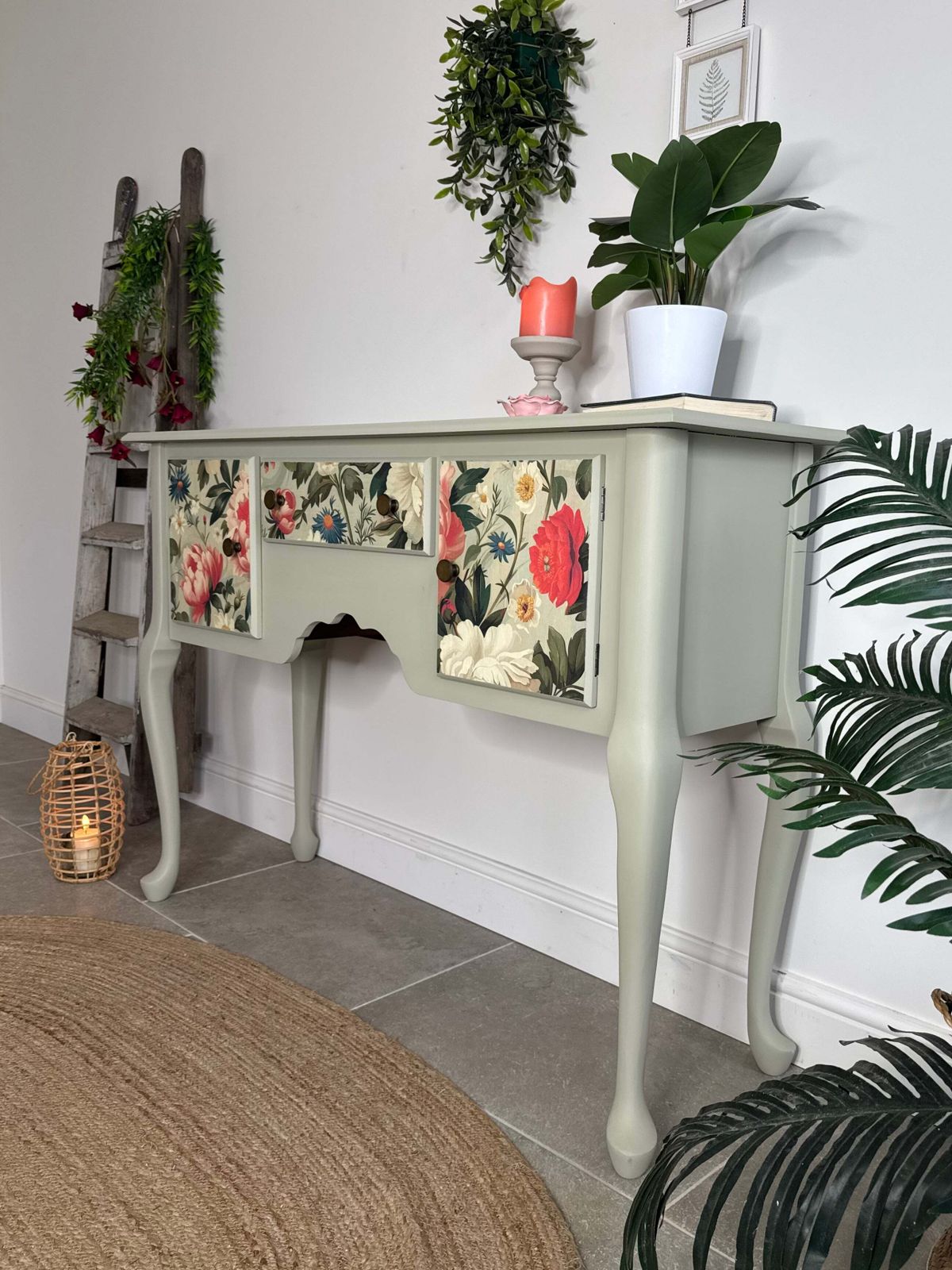 Pretty Light Green And Colourful Floral Console Table With Cupboards And Drawer photo for sale