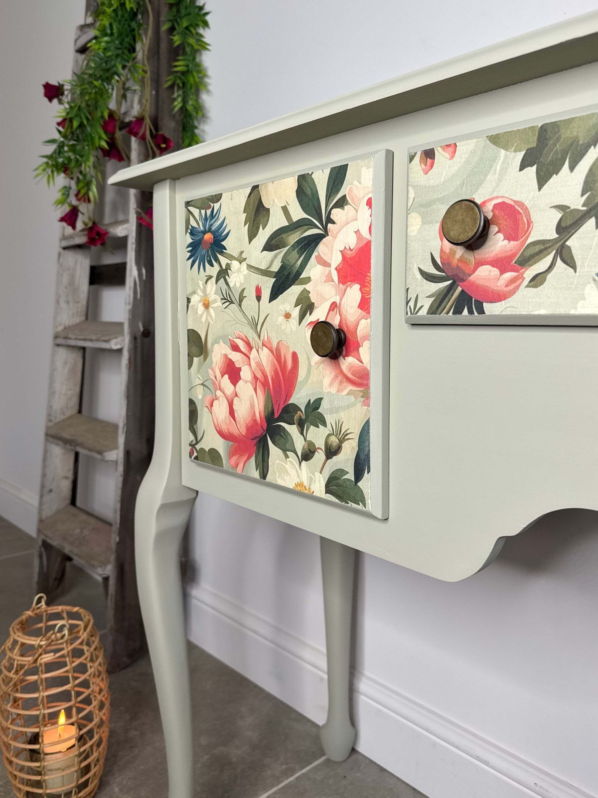 Pretty Light Green And Colourful Floral Console Table With Cupboards And Drawer photo vinterior