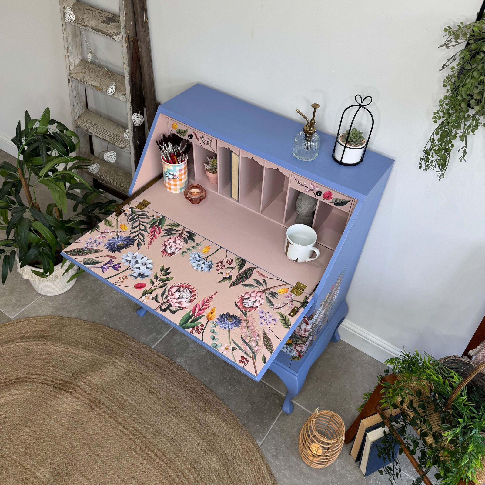 Pretty Writing Desk / Bureau Painted Light Blue, Pink And Floral photo for sale