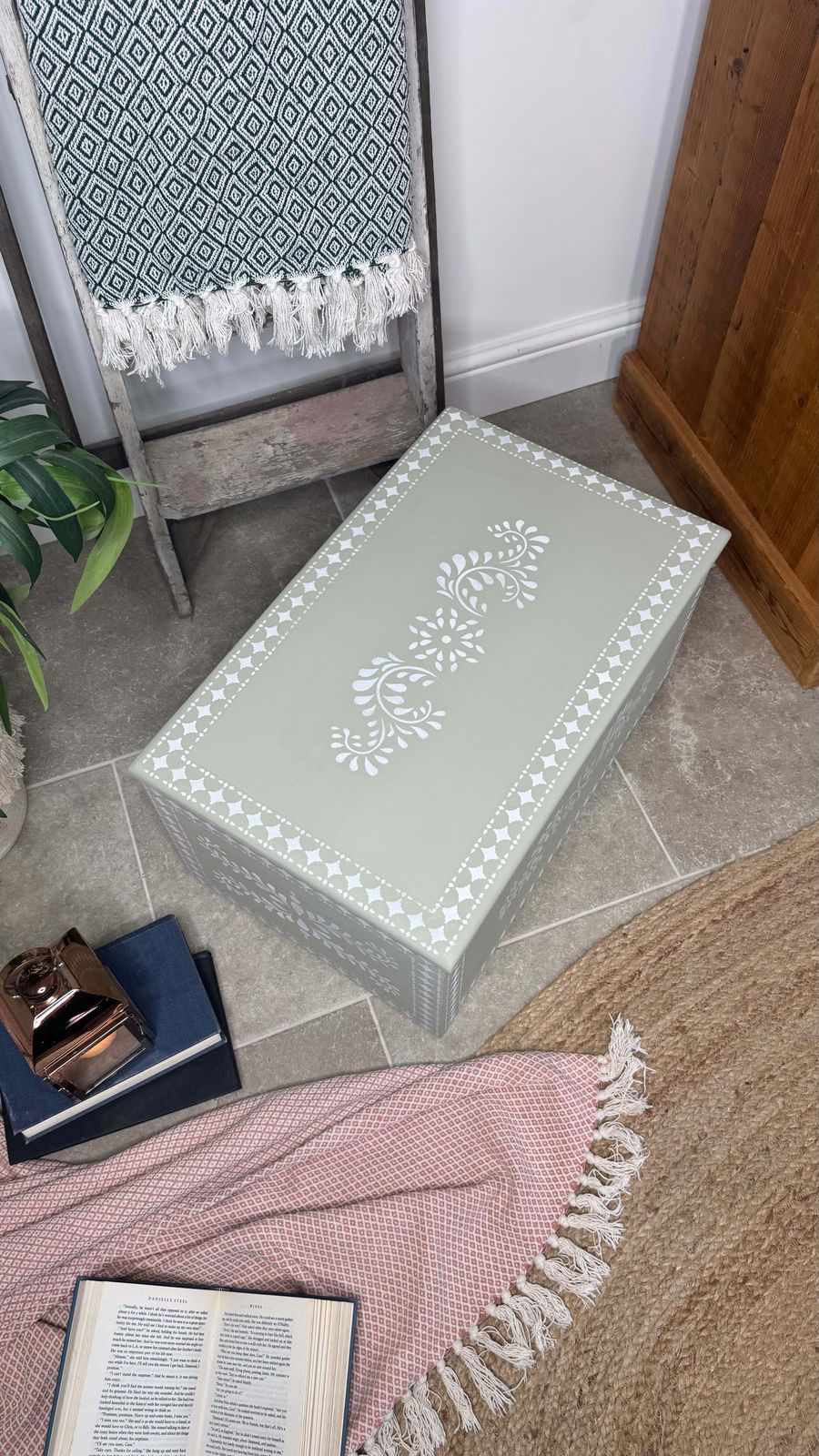Wooden Storage Box Painted Green And White Patterned photo buy