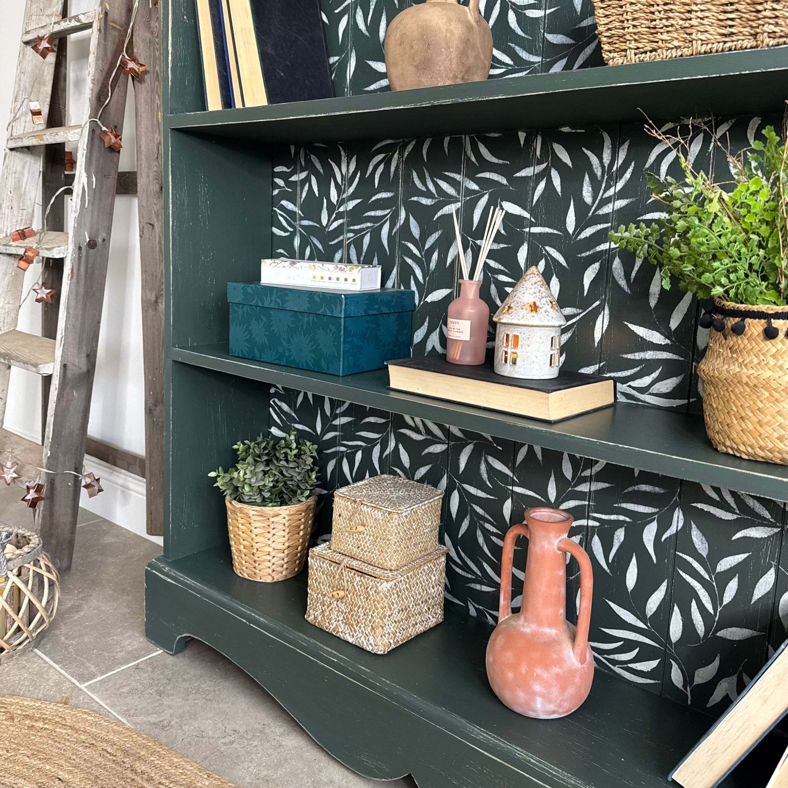 Rustic Pine Bookcase / Bookshelf Painted Dark Green And White Floral photo for sale