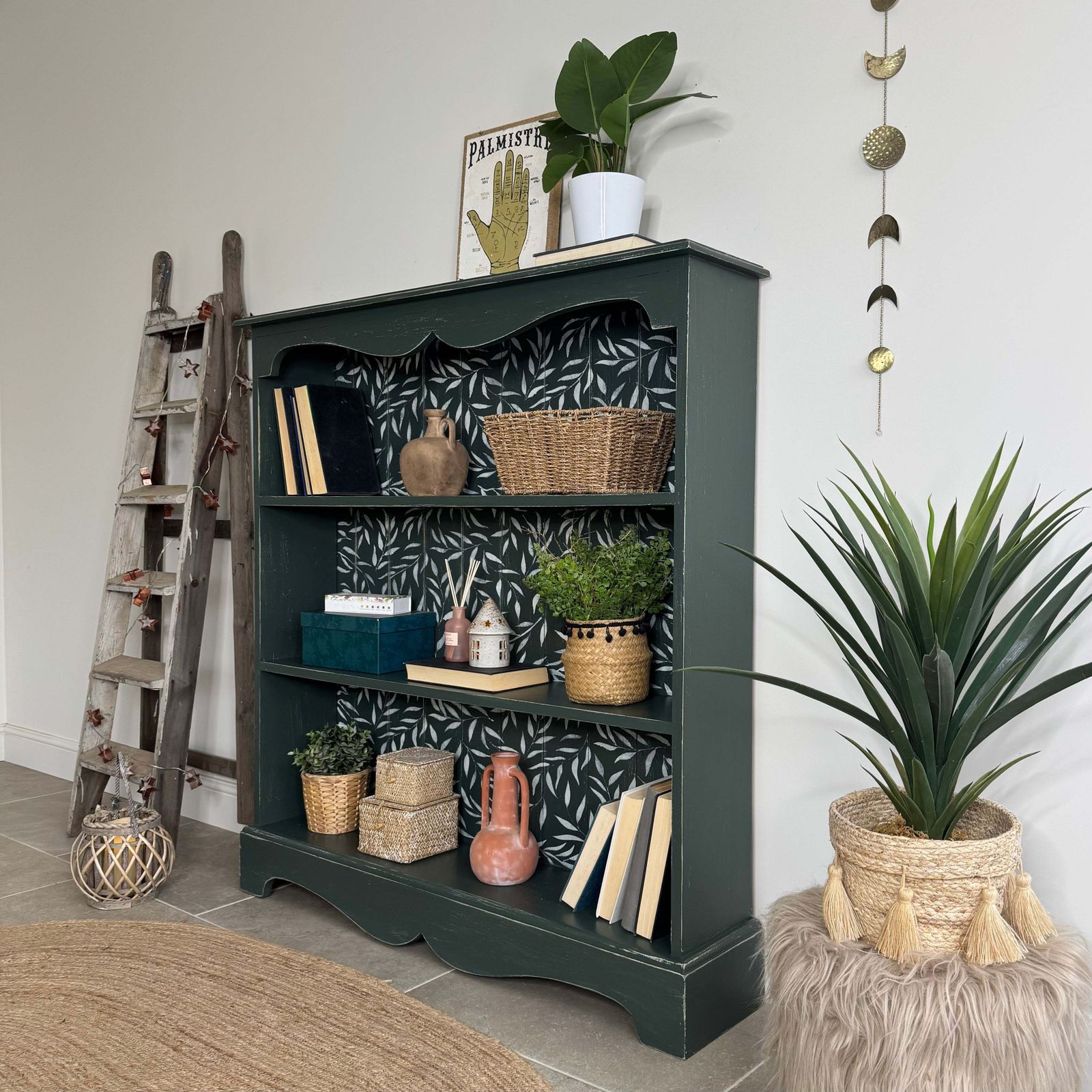 Rustic Pine Bookcase / Bookshelf Painted Dark Green And White Floral photo 395.0